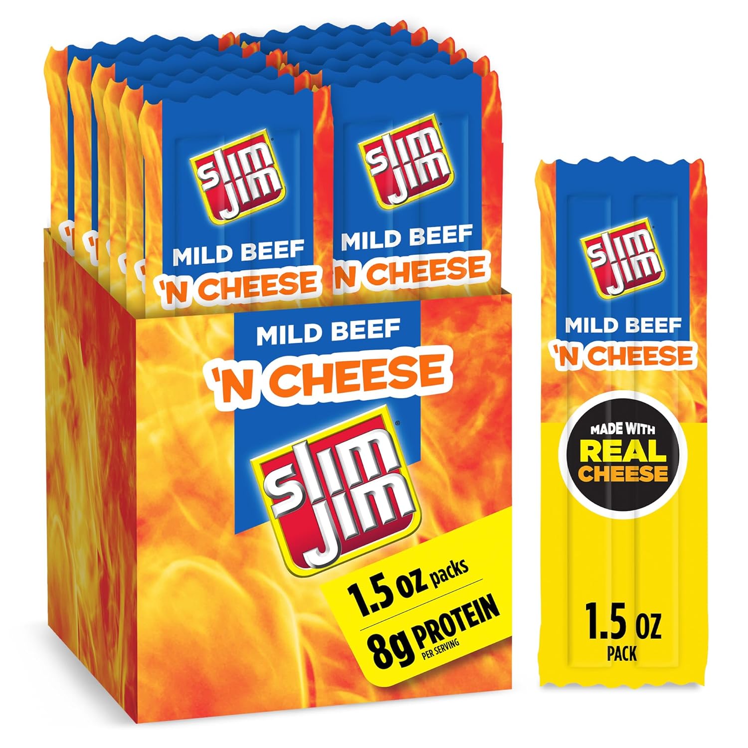 Slim Jim Beef 'N Cheese Smoked Meat Sticks, Mild Flavor, 8g Protein Per Serving, Stocking Stuffer, 1.5 oz. (18 Count)
