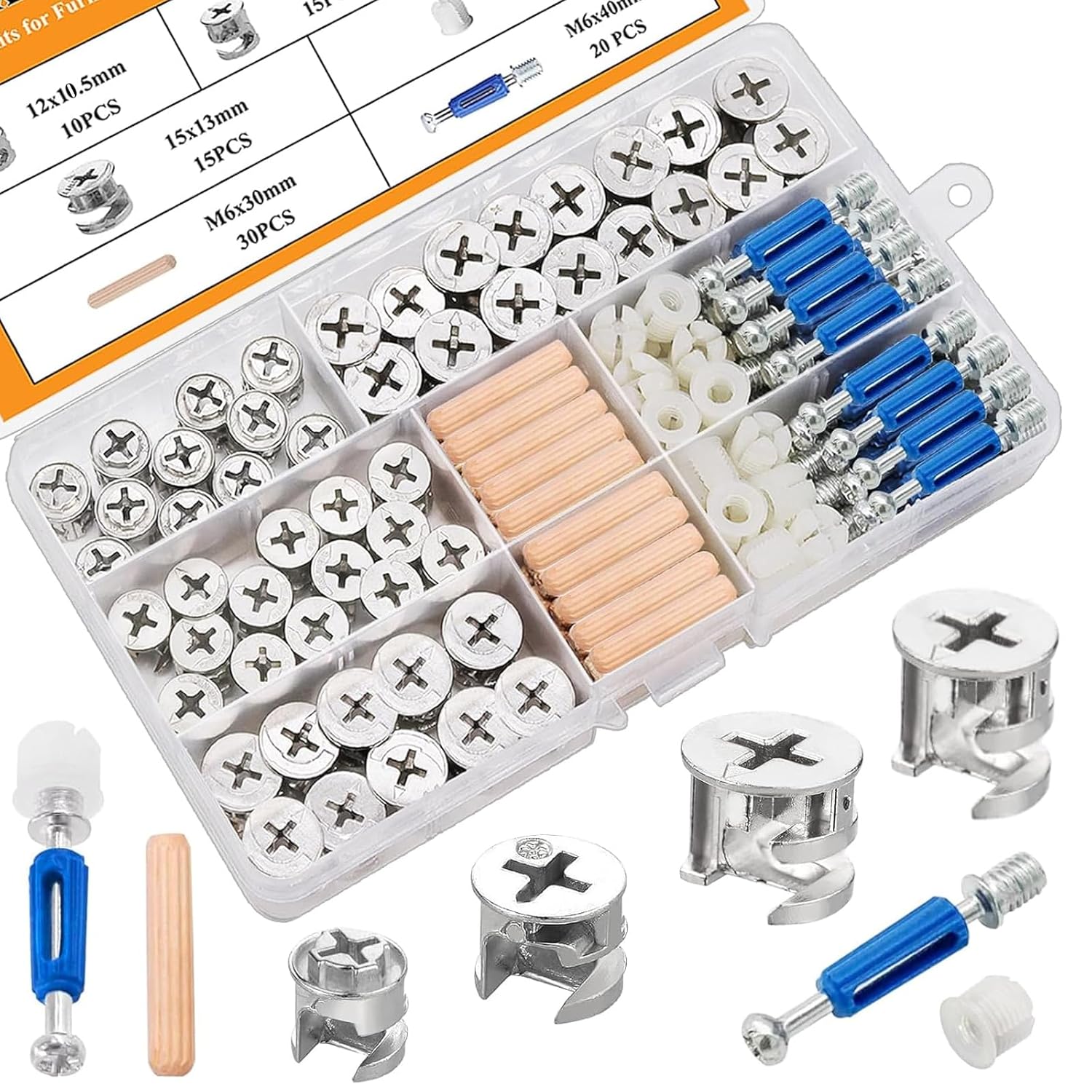 120PCS Cam Locks for Furniture,3-in-1 Eccentric Hardware Wheels,Furniture Fasteners & Connectors with Multi-Size Nuts,Bolts and Wood Dowel Pins-Assortment Kit for Furniture Assembly/Repair