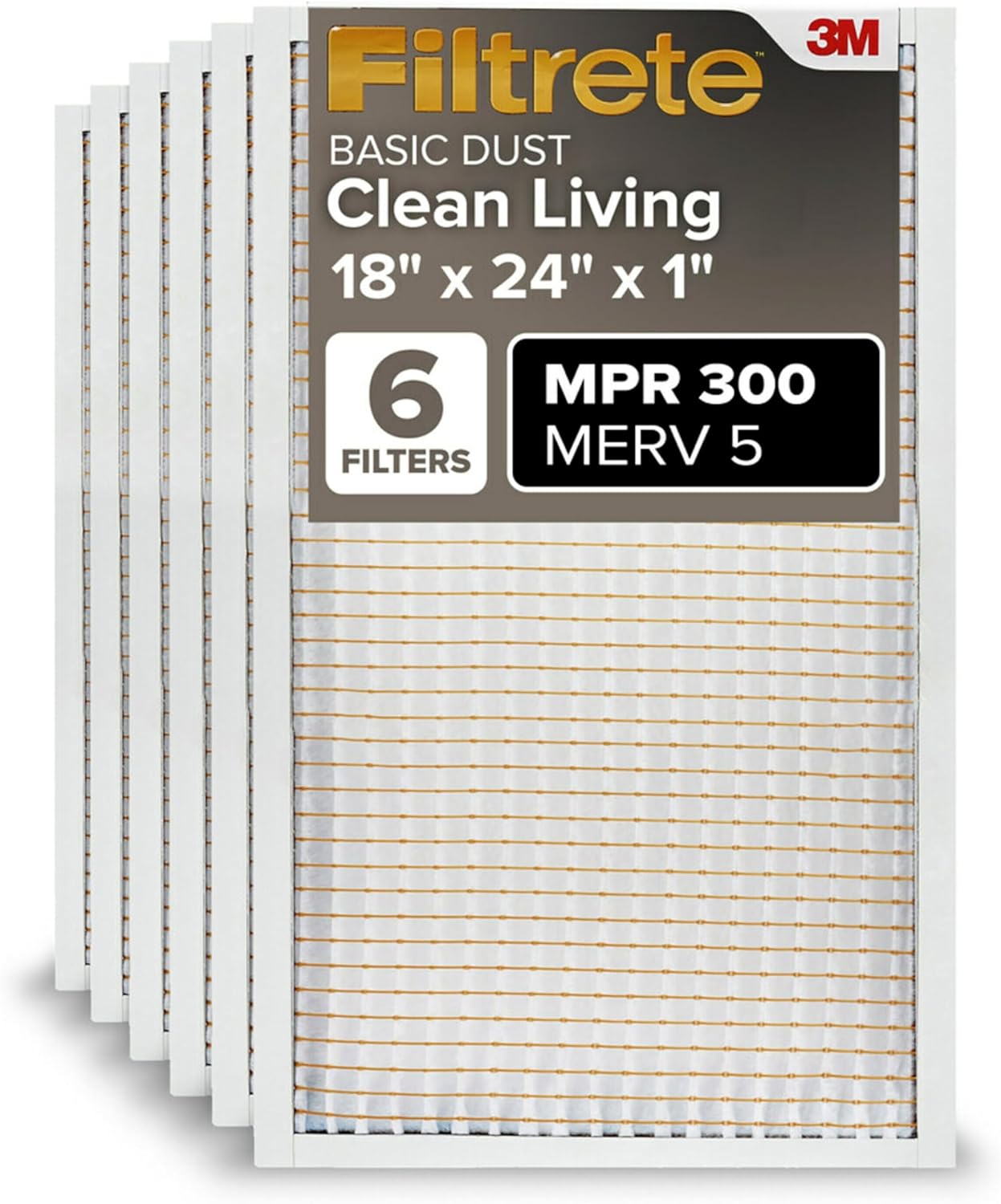 Filtrete 18x24x1 Air Filter, MPR 300, MERV 5, Clean Living Basic Dust 3-Month Pleated 1-Inch Air Filters, 6 Filters