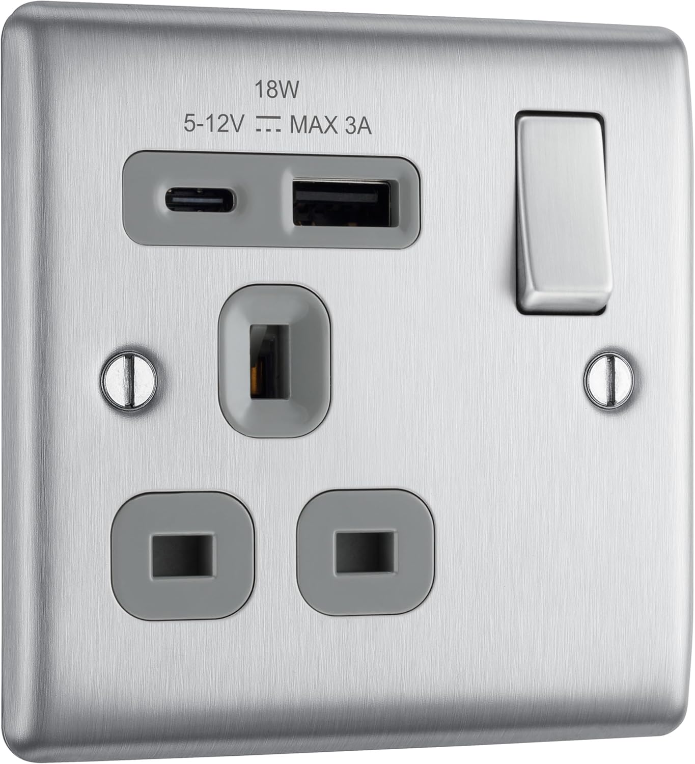 BG Electrical 18W Single Switched Power Plug Wall Socket with Type A USB and Type C USB Charging Ports, Fast Charge, Round Edges, Nexus Metal, Brushed Steel, Grey Inserts, 13A, NBS21UAC18G