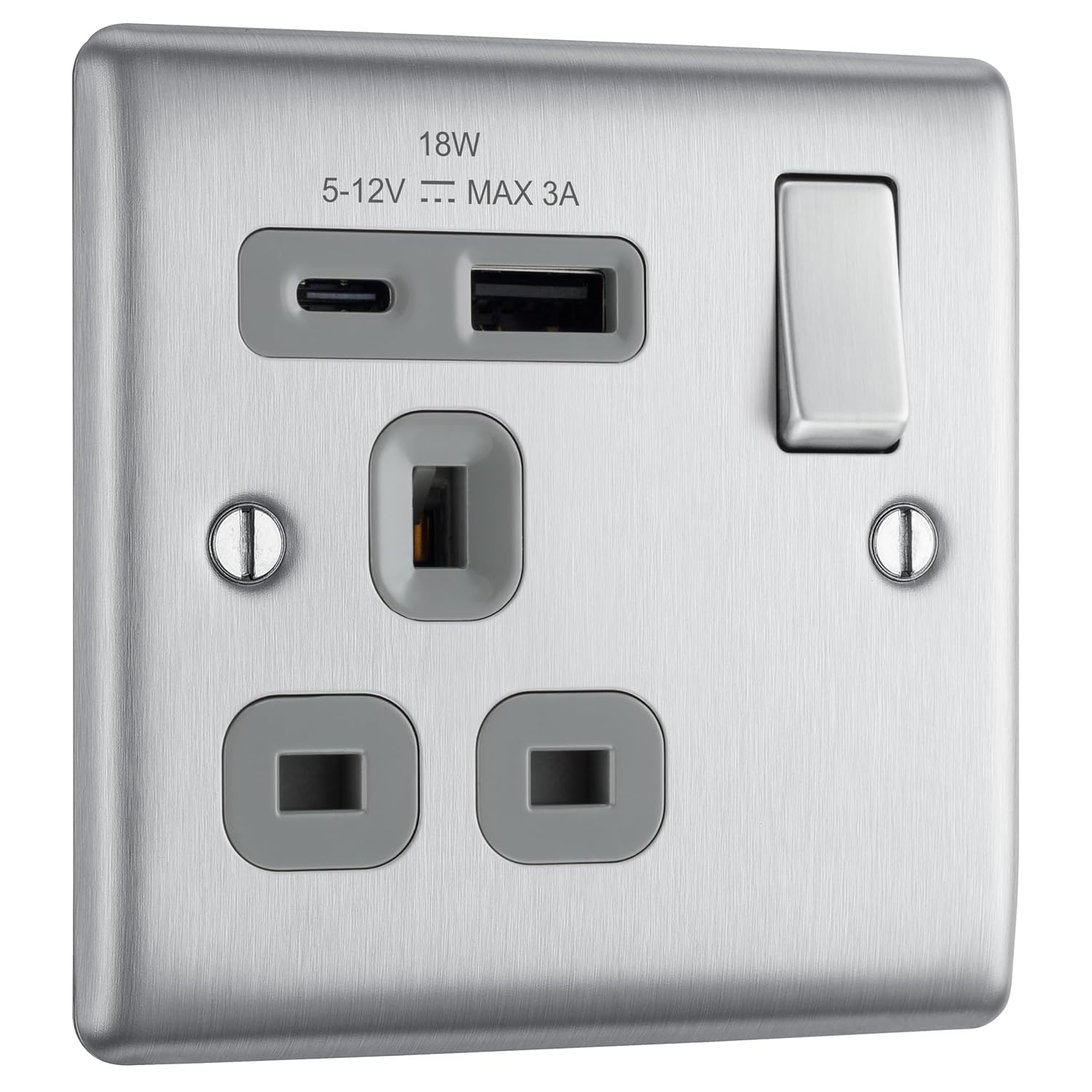 BG Electrical 18W Single Switched Power Plug Wall Socket with Type A USB and Type C USB Charging Ports, Fast Charge, Round Edges, Nexus Metal, Brushed Steel, Grey Inserts, 13A, NBS21UAC18G