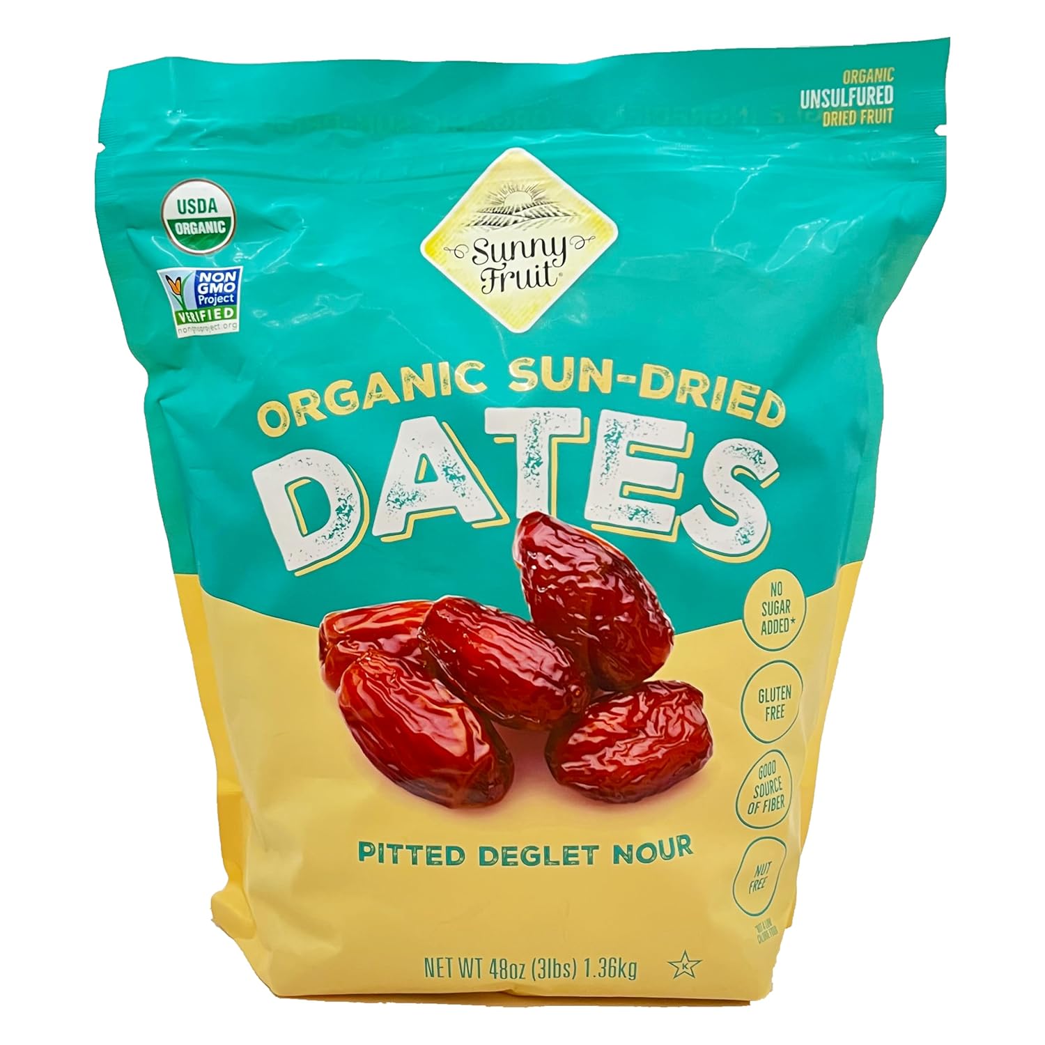 Generic New Sunny Organic Sun Dried Dates Pitted Deglet Nour 3lbs (1.36kg) (48oz) Single Ingredient Unsulfured Gluten Free Good Source Of Fiber Nut Free No Sugar Added No GMO Kosher