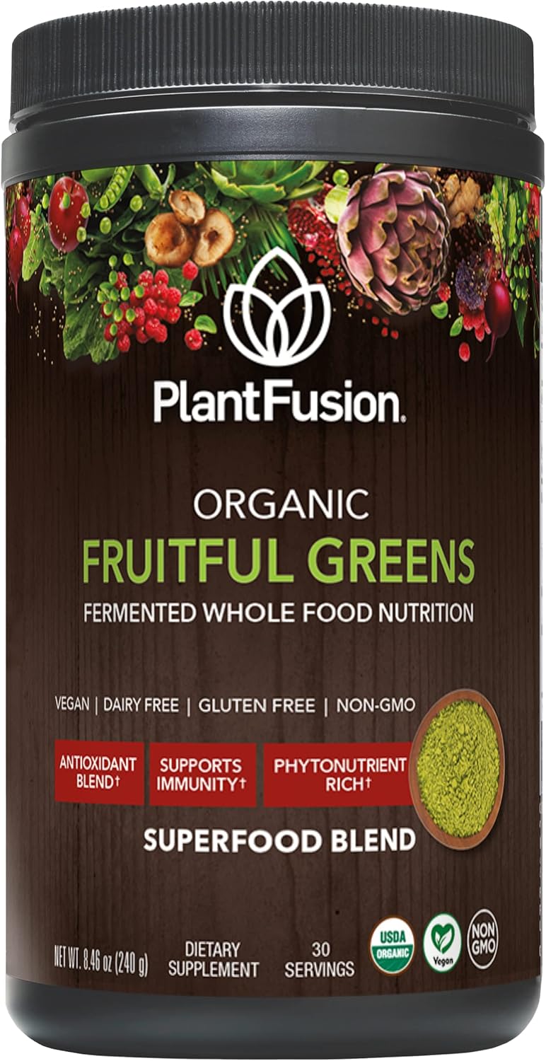 PlantFusion Fruitful Super Greens Powder - Fermented Juice Powder Blend with Digestive Enzymes Probiotics & Prebiotic Fiber - Organic, Non-GMO, Vegan, Gluten-Free - 8.46 oz 30 Servings