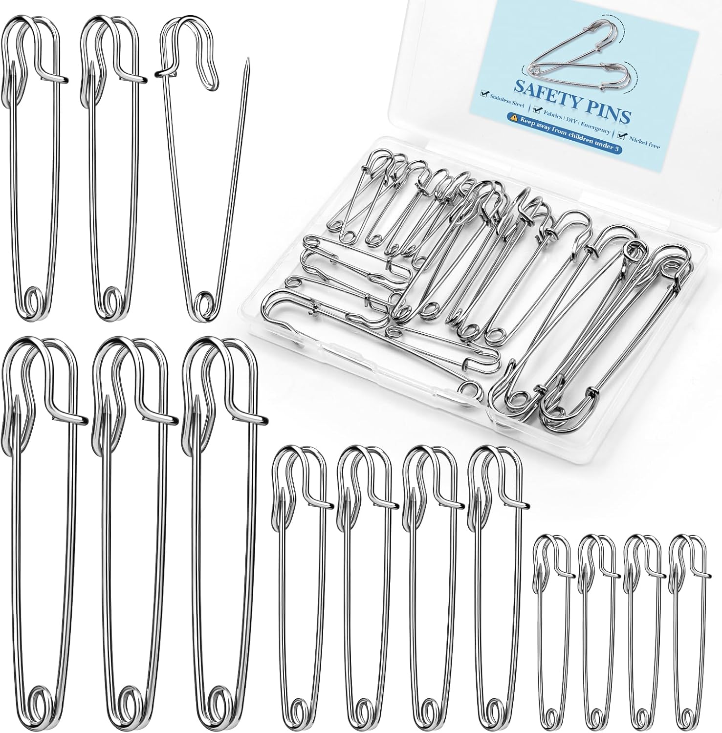 20Pcs Large Safety Pins, Heavy Duty Safety Pins Assorted Stainless Steel Safety Pin for Blankets, Jewelry Making, Clothes, Leather Canvas (Silvery 2"/3"/4")