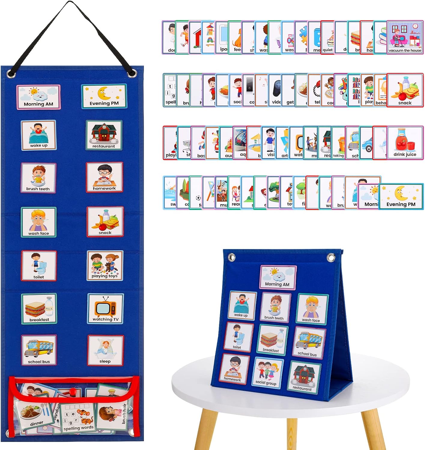 FRIUSATE Visual Timetable, Daily Routine Chart Children Planner Chart Visual Now and Next Board Learning Aid Tool with 70 Pieces Schedule Cards to Support Communication, Routine and Transition