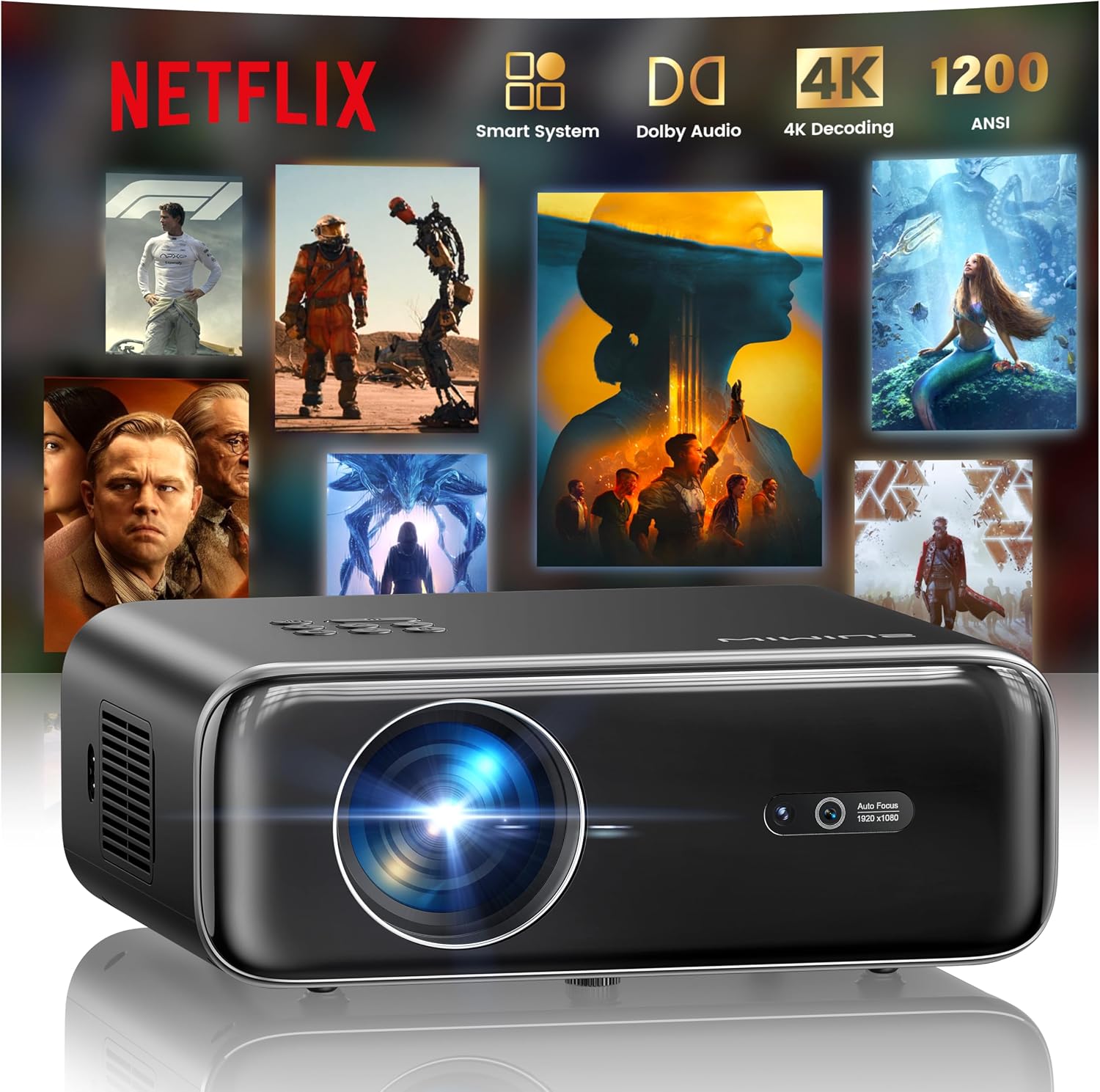 【Netflix Included/Dolby Audio】Smart 4K Projector,1400ANSI FHD 1080P Portable Projector,HDR10 Short Throw Auto Focus/Keystone WiFi6 Bluetooth 50% Zoom Home Cinema Projectors for Bedroom,Outdoor,Gifts