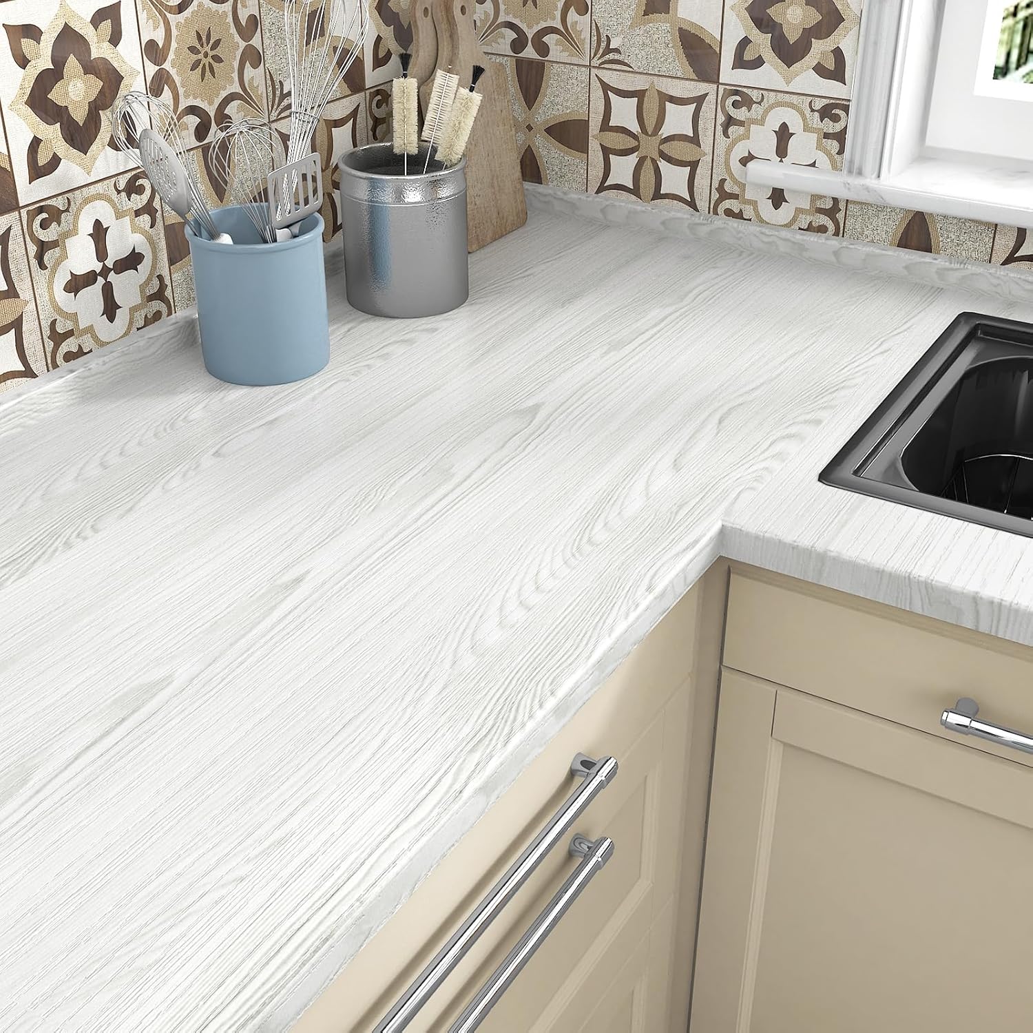 WESTICK White Wood Contact Paper for Countertops White Wood Peel and Stick Wallpaper Removable Kitchen Wood Grain Contact Paper for Cabinets Drawers Desk Countertop Vinyl Wrap Waterproof 15.8" x 78"