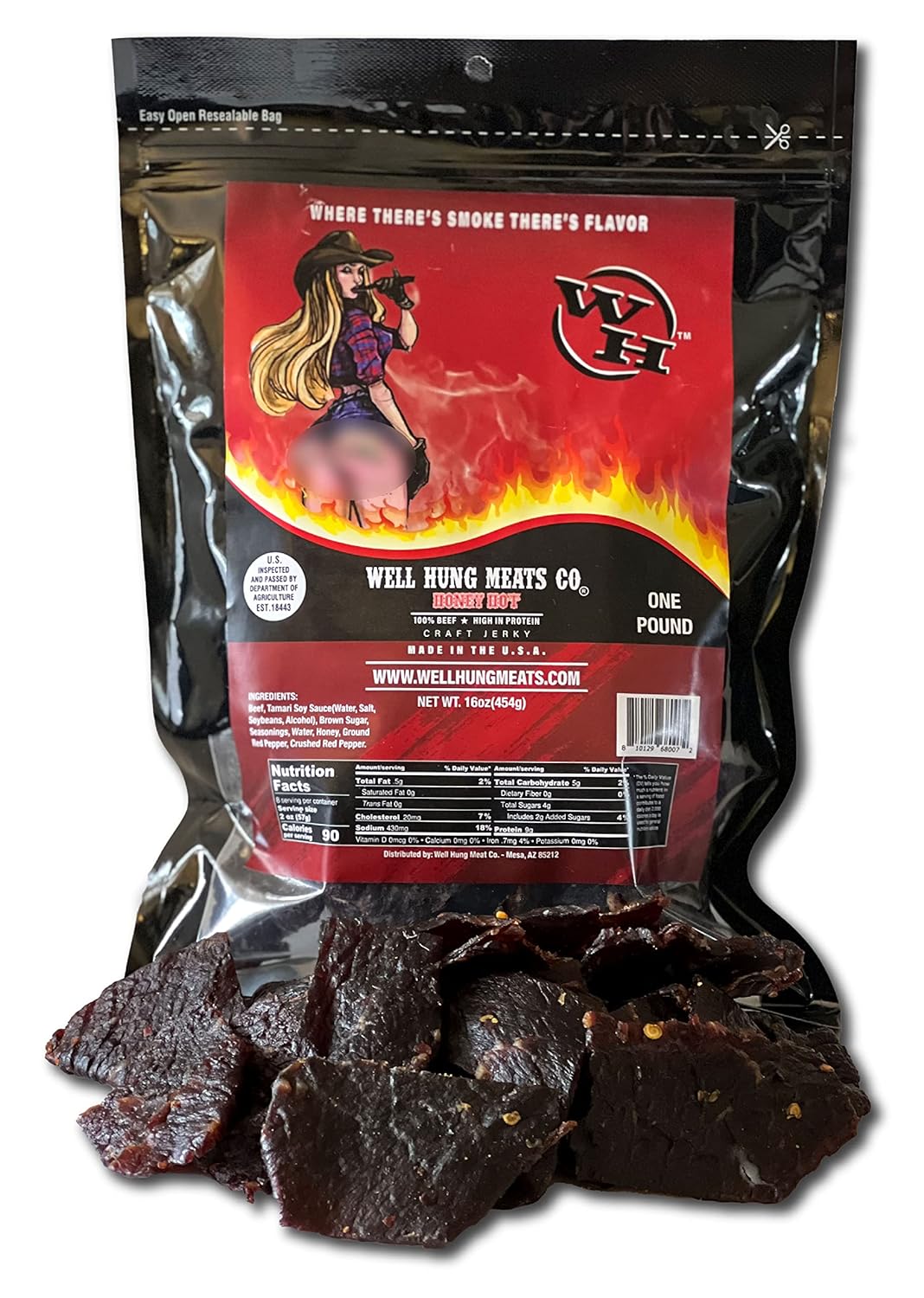 Well Hung Meats Honey Hot Beef Jerky One Pound Resealable Craft Jerky Bag (16oz)