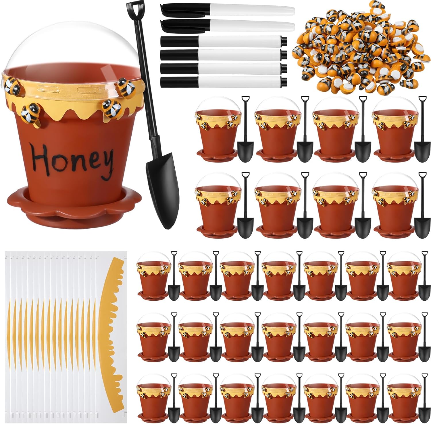 30 Sets Mini Honey Bee Pots with Lids, Spoon, Saucers and Bee Charms, 6.76 OZ Plastic Honey Jars for Cupcake Dessert Themed Party Favor Planter Baby Shower Birthday Wedding Decoration (Brown)