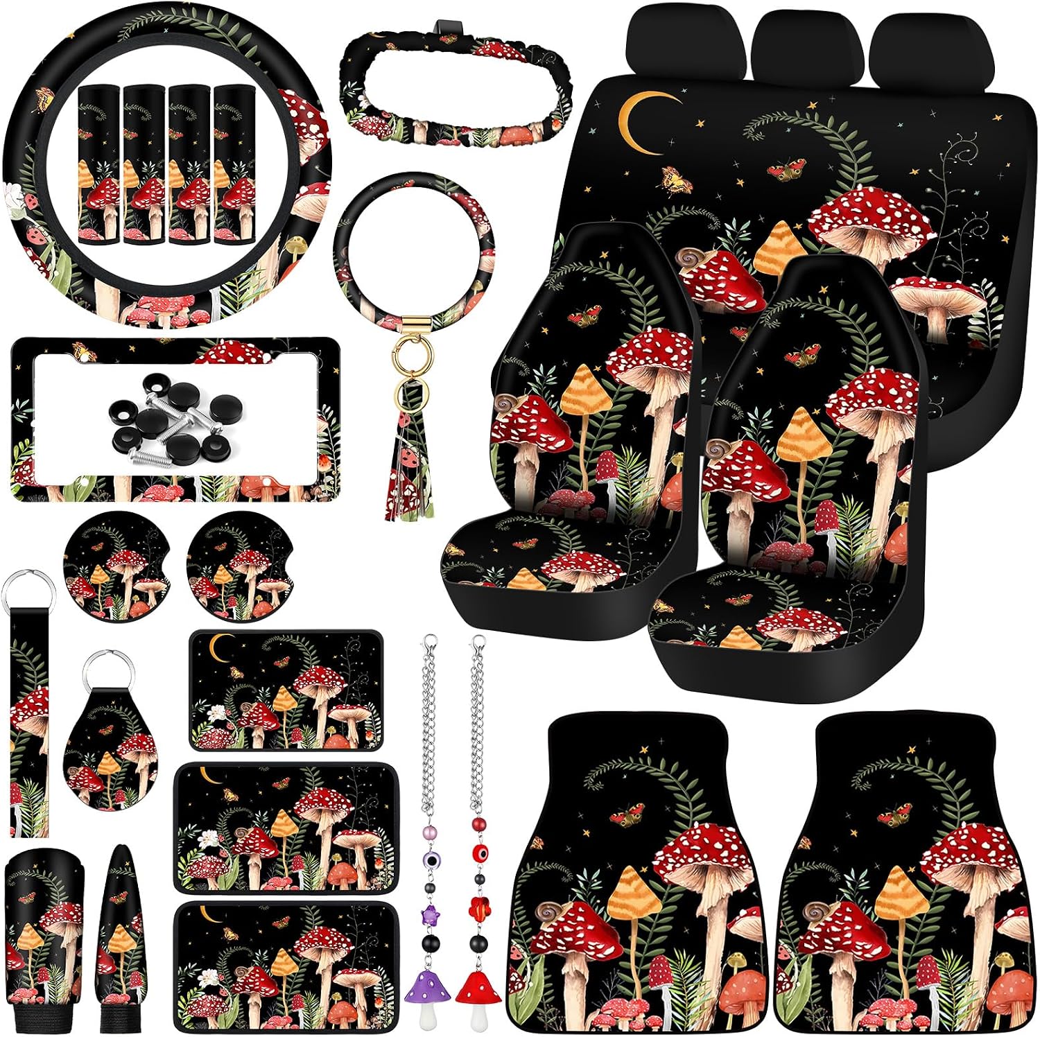 Fabbay 26 Pcs Mushroom Car Seat Covers Set with Protectors Steering Wheel Seat Belt Cover Floor Mat Armrest Cushion Key Chains Auto Interior Accessories for Women(Dark)