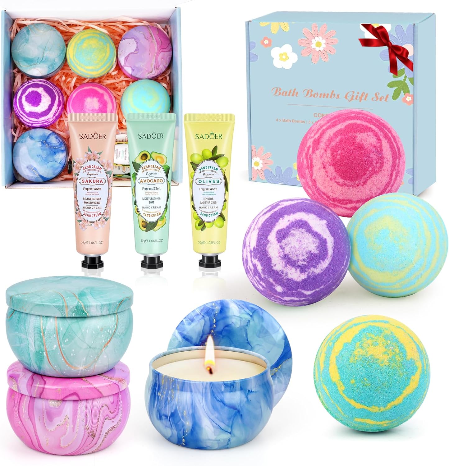 Bath Bombs for Women Gift Set - 4 Large Bath Bombs + 3 Scented Candles + 3 Hand Lotions, Handmade Moisturizing SPA Gift Baskets Fizzy Bath Bomb, Ideal Gift for Mother's Day, Birthday,Valentine's Day