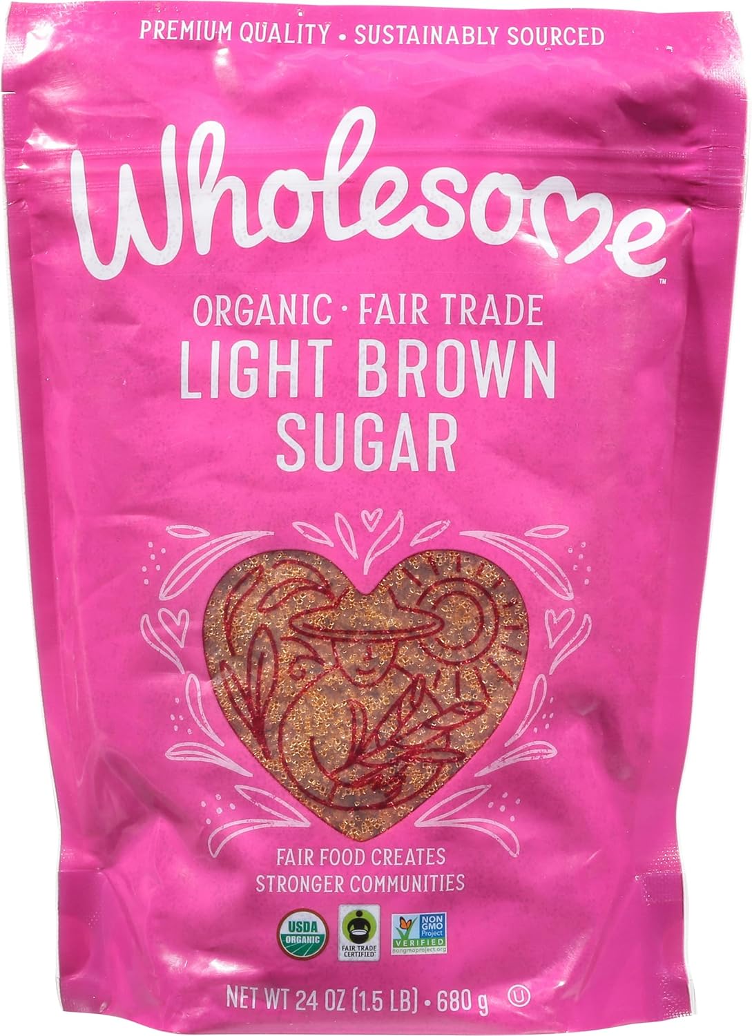 Wholesome Sweeteners 24-Ounce Organic Light Brown Sugar, Fair Trade, Non GMO, Gluten Free & Vegan, Sugar for Baking and Glazing, 1 Pack