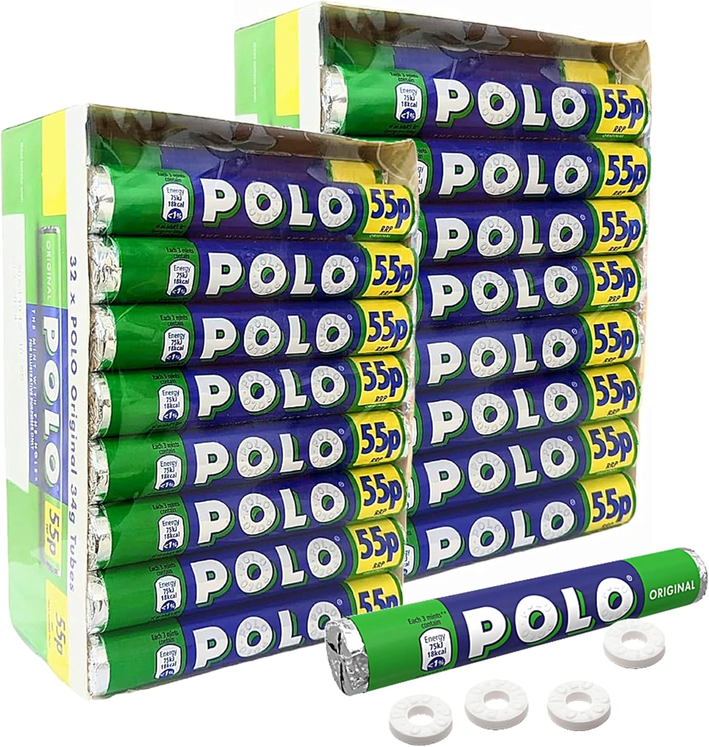 Minty Polo Rolls Bulk Buy - 2 Boxes of 32 x 34g Original Polo Mints Tubes with Topline Card. Perfect Peppermint Mints Multipack Sweets for Your Fresh & Minty Breath.