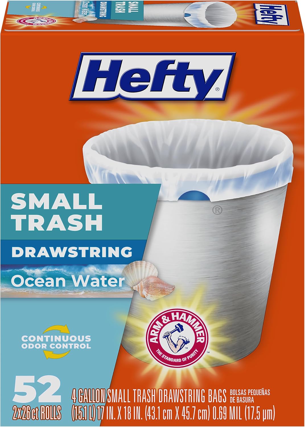 Hefty 4 Gallon Small Trash Bags, White, Ocean Water Scent, 52ct