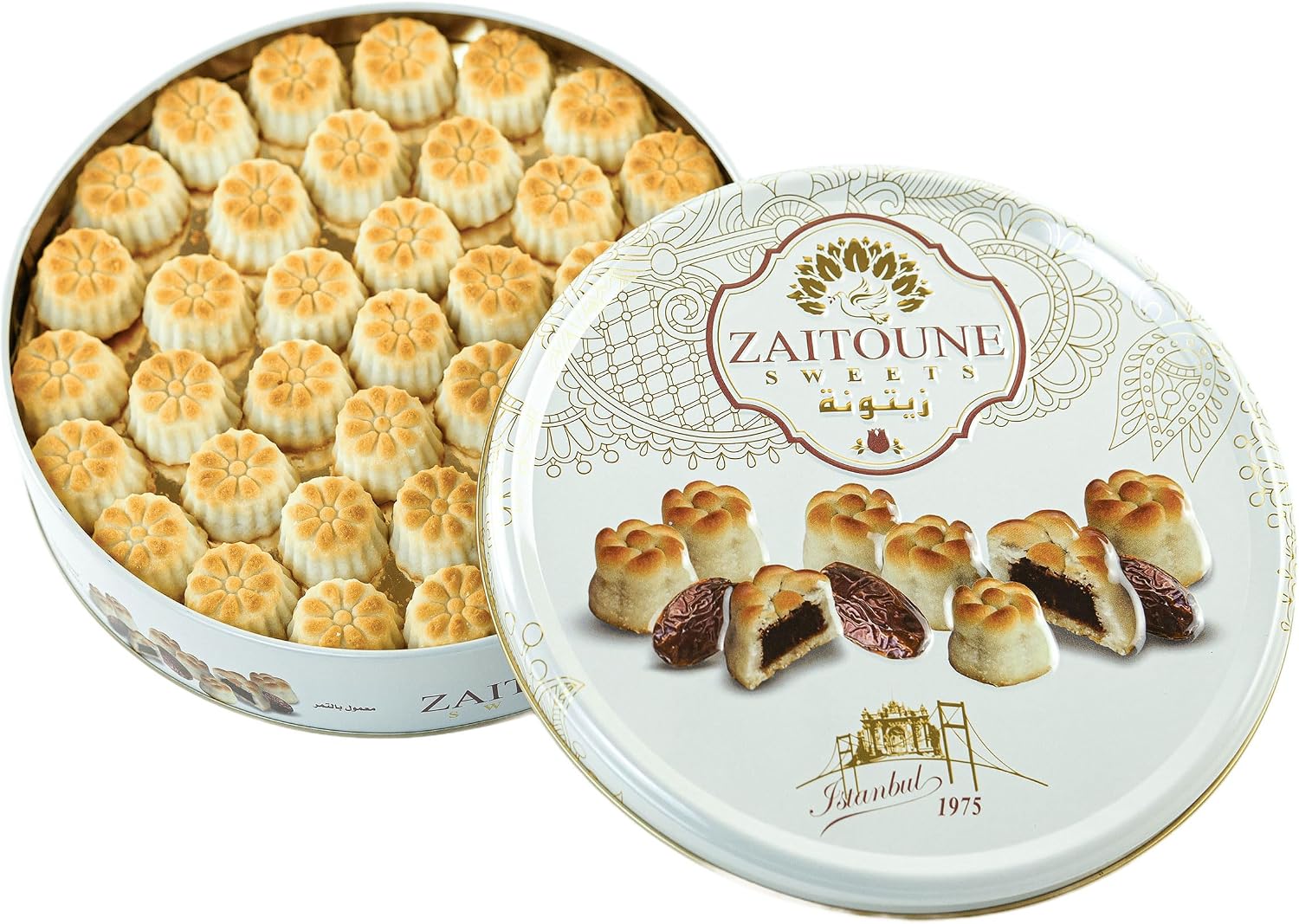 Zaitoune Date Maamoul - 500 g | Middle Eastern Buttery Date Filled Biscuits in a Beautiful Gift Tin | Authentic Luxury Arabic Pastry with Dates | Traditional Recipe & Handmade in Turkey