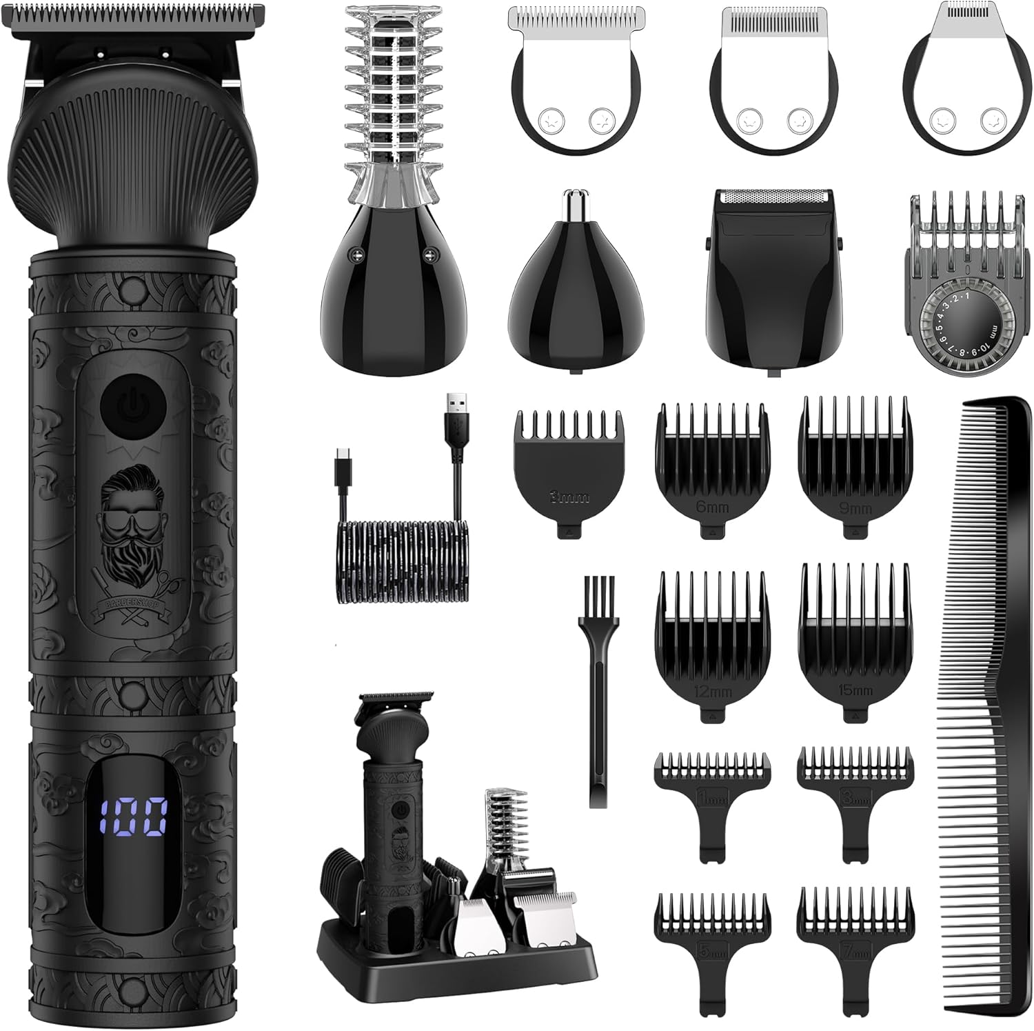 Surker Beard Trimmer for Men, 7 in 1 Professional Grooming Kit ,T-Blade Trimmer, Electric Shaver, Nose & Body Trimmer, Hair Clipper, Cordless, USB Rechargeable with LED Display, Black