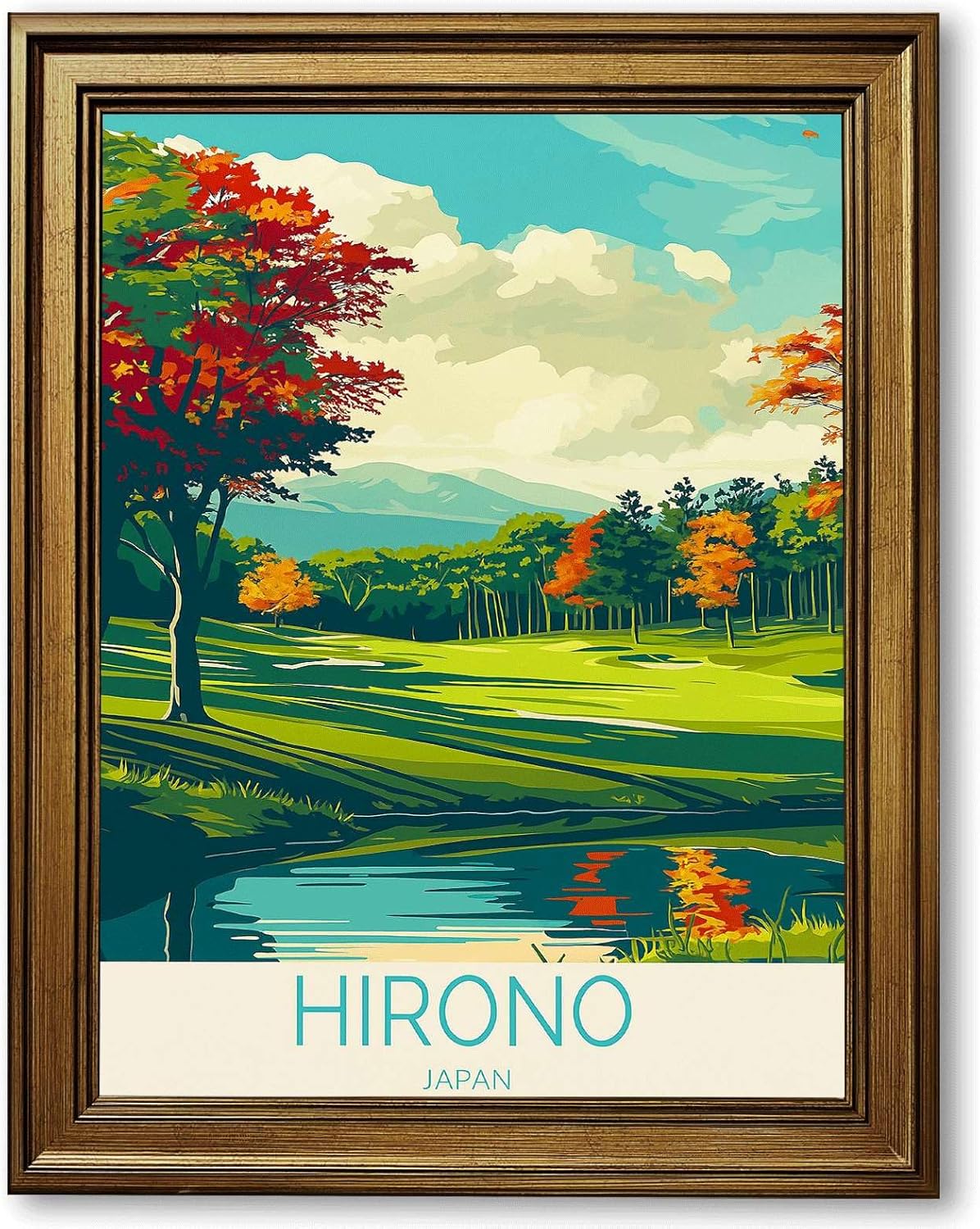 Framed Hirono Japan Landscape Poster Canvas Print Art Contemporary Painting Wall Art Pictures for Living Room Decoration Elegant Art Print Wall Decor for Office (Retro Framed,24L x36W)