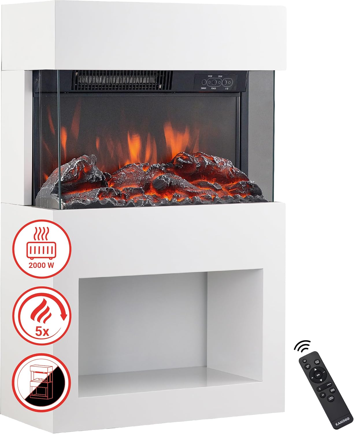 KAMINIO Electric Fireplace HENRI - Electric Stove with Heater, 3D Flame Effect, Wood Storage Compartment, Remote Control (White)