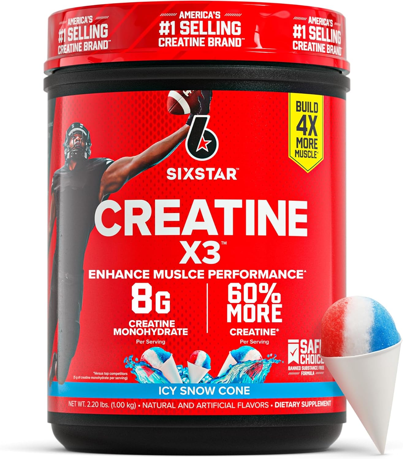 Six Star Creatine Monohydrate Powder, X3 (ICY Snow Cone) - Flavored Creatine HCl Powder Monohydrate Supplement for Muscle Building & Performance - Post Workout Supplement for Men & Women - 30 Servings