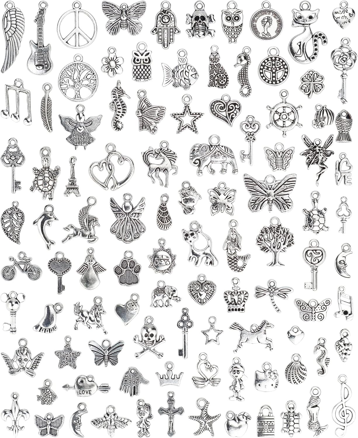 JIALEEY Wholesale Bulk Lots Jewelry Making Silver Charms Mixed Smooth Tibetan Silver Metal Charms Pendants DIY for Necklace Bracelet Jewelry Making and Crafting, 100 PCS, Alloy Steel, alloy