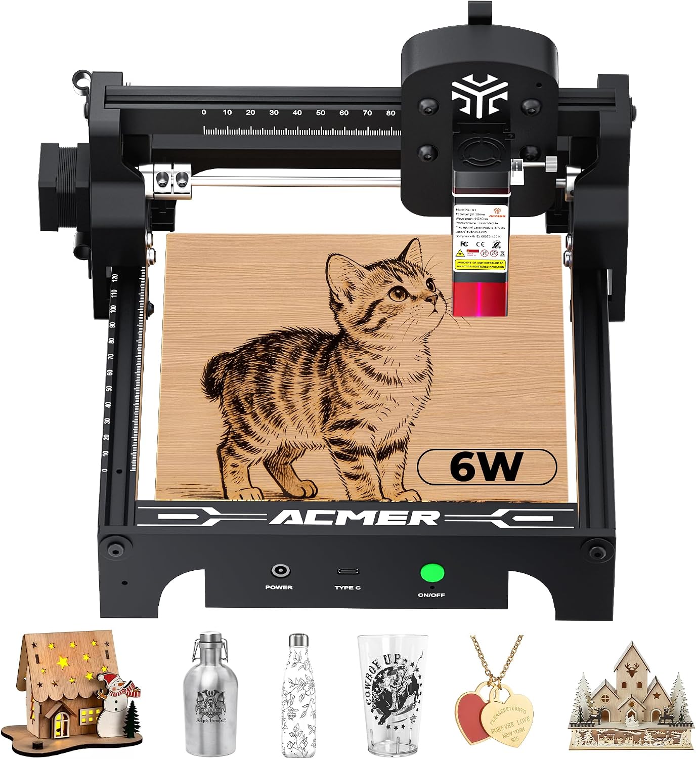 ACMER S1 Laser Engraver 6000mW, Compact Desktop Engraving & Cutting Machine for DIY Crafts, Small Business & Makers, 130x130mm Work Area, 0.04mm Detail Engraving for Wood, Acrylic, Metal Black