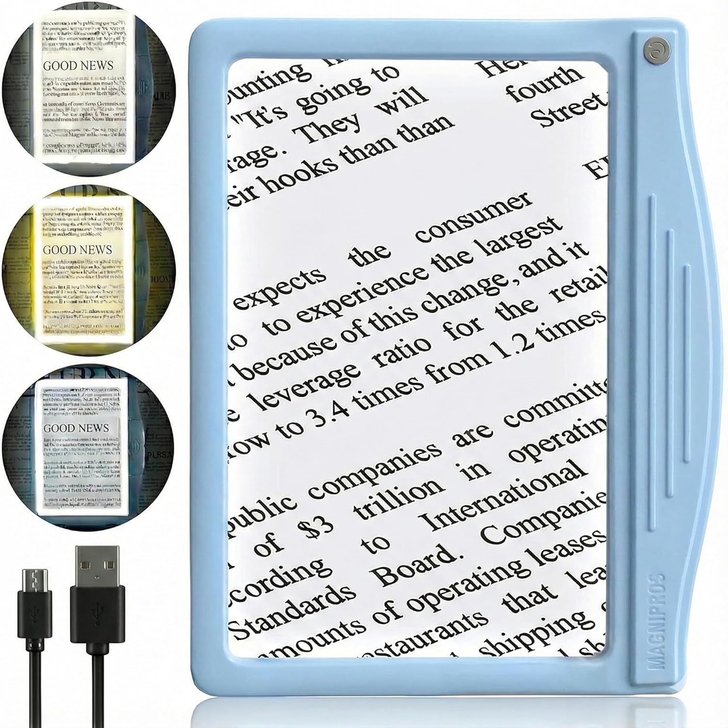 MagniPros 5X Rechargeable Large Ultra Bright LED Page Magnifier with Anti-Glare Lens & 3 Color Light Modes, Relieve Eye Strain- Ideal for Reading Small Print, Low Vision, Seniors