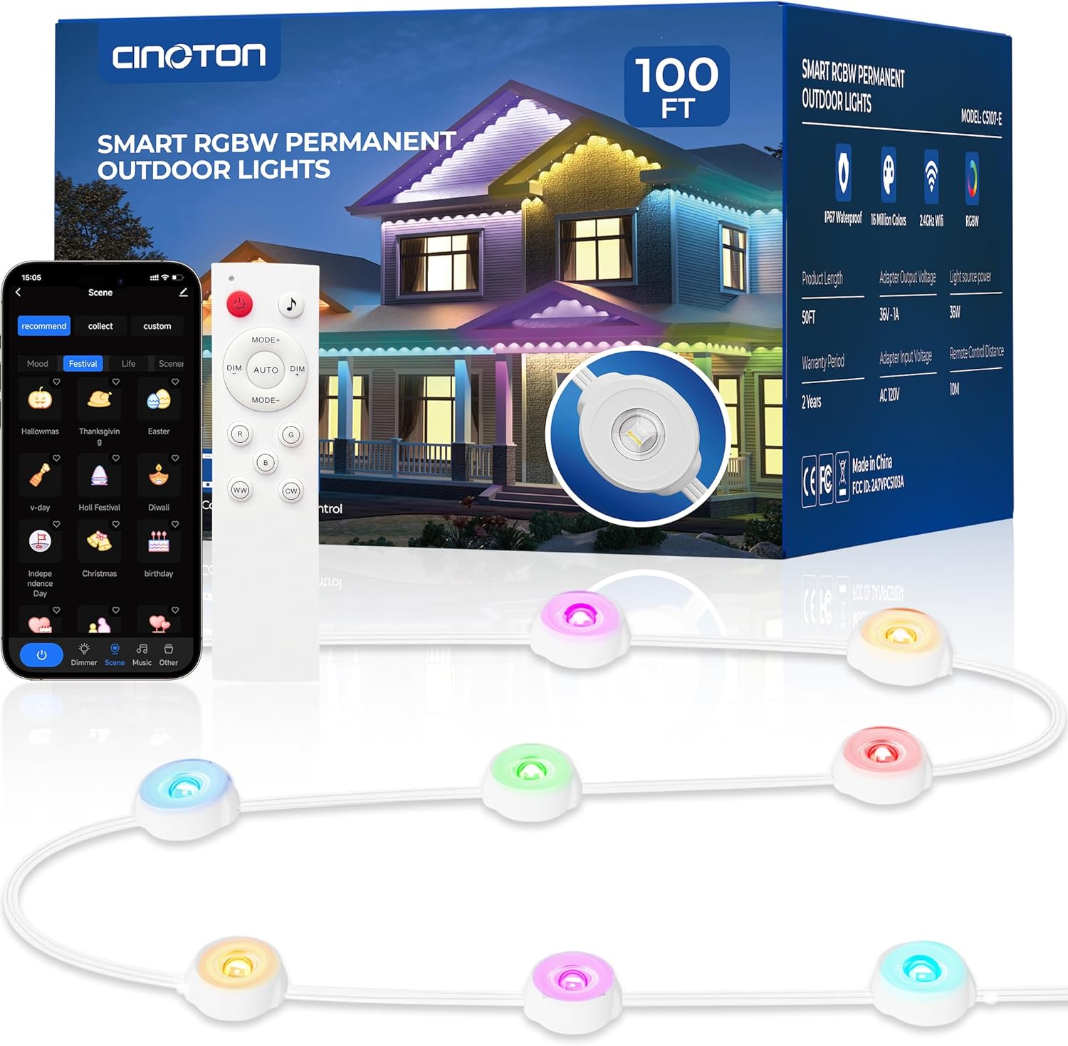 CINOTON Permanent Outdoor Lights 100ft, Smart RGBW Eaves Lights with 72 LEDs, IP67 Waterproof, 111 Scene Modes for Daily and Festival, Halloween Christmas Party Holiday Decor, APP/Voice/Remote Control