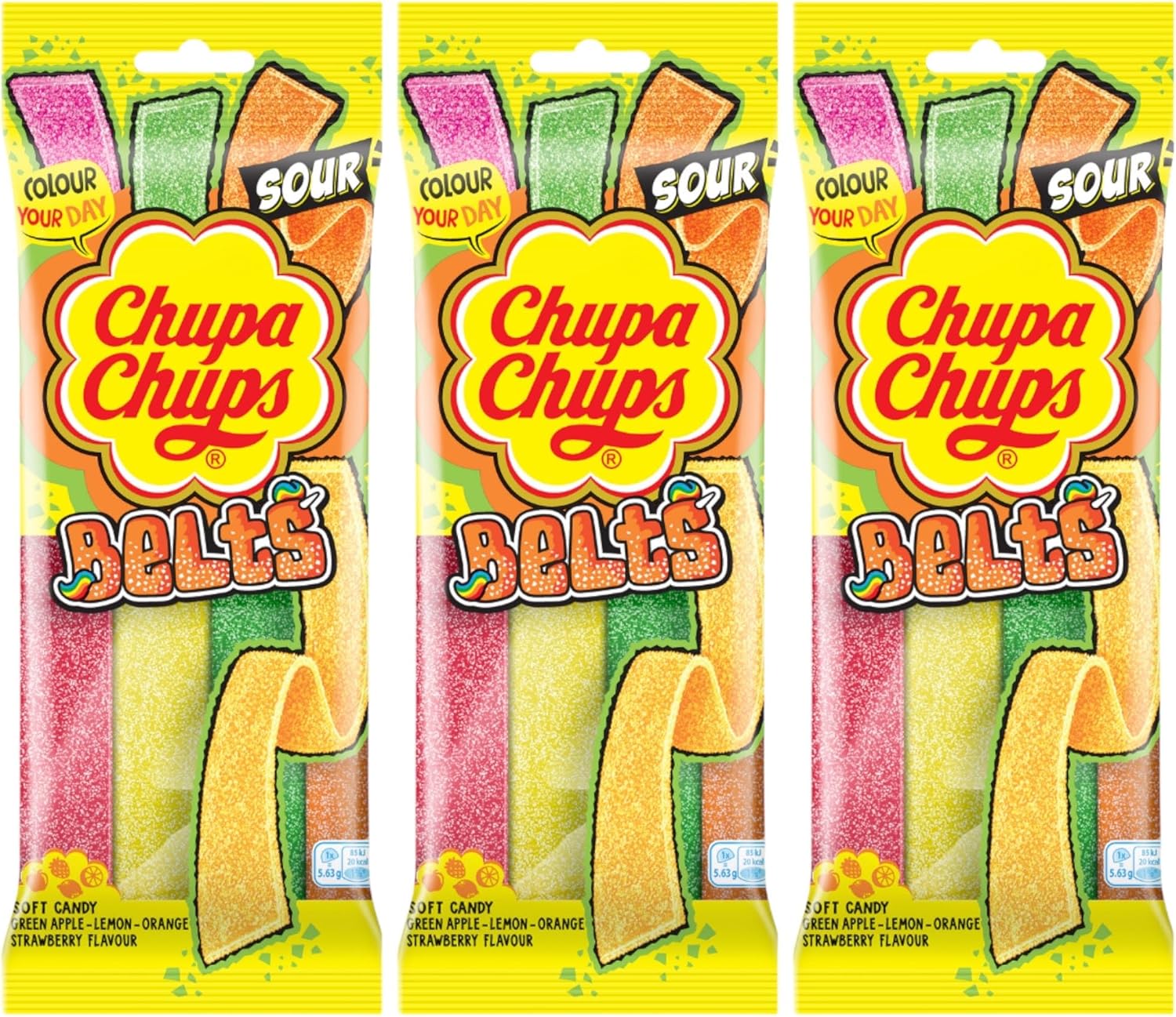 Chupa Chups Belts Sour Apple, Lemon, Orange, Strawberry Fizzy Sugar Coated Gummy Strips Sweets 90g - 3x Share Bags