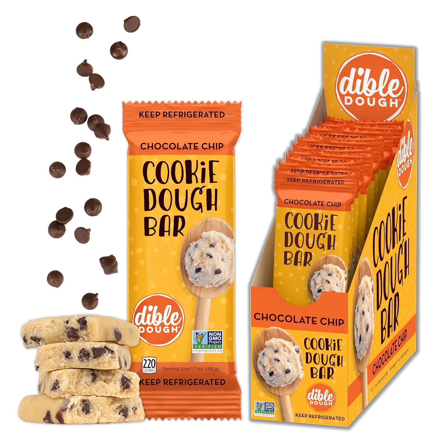 Dible Dough Refrigerated Chocolate Chip Cookie Dough Bar, All-natural, Non-GMO Ingredients, Healthy Snacks, Edible Cookie Dough Snacks, 10-Pack