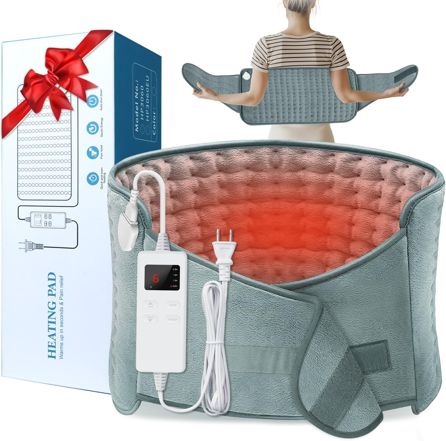 Heating Pad for Back Pain Relief, Electric Heating Pad for Period Cramps Neck Shoulders with Belt, 4 Timer 6 Heat Setting & Auto Shut Off, 12"x24"+20" Large Moist Heat Pad for Mom,Dad