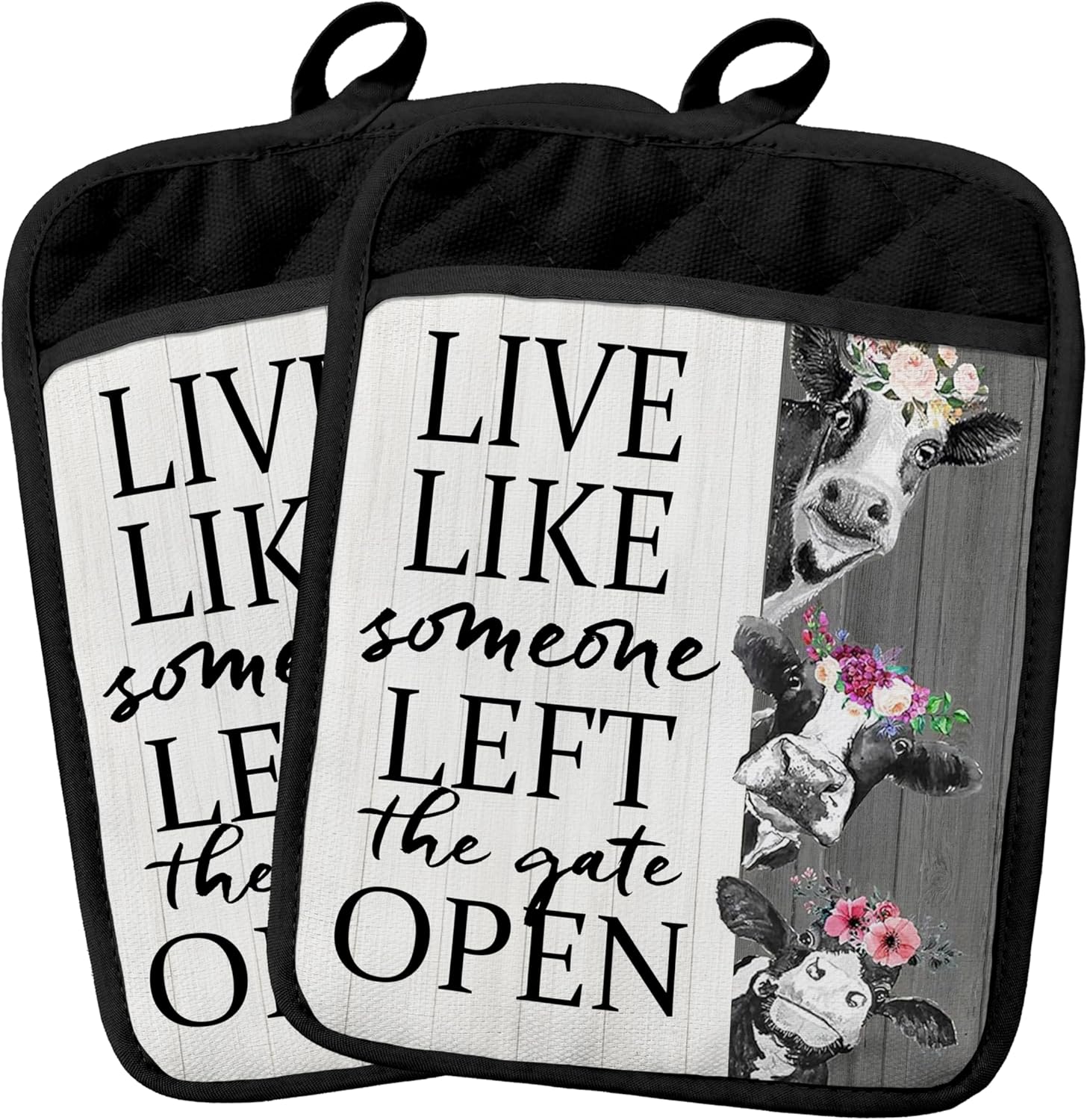 Farmhouse Floral Cow Pot Holders 2 Pack Set, Gifts for Cow Lovers, Live Like Someone Left The Gate Open Heat Resistant Oven Hot Pads for Kitchen Countertop Baking,050 Potholder