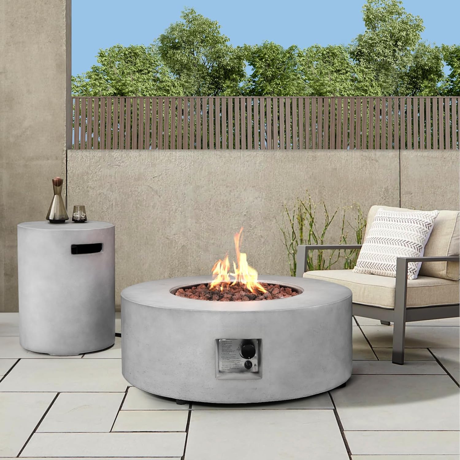 ReeQuo 2-Piece Outdoor Propane Fire Pit Table Set w/Tank Cover Table, 36-inch 50,000 BTU Concrete Firepit SUS201 Round Burner with Steel Lid, Lava Rocks, Rain Cover