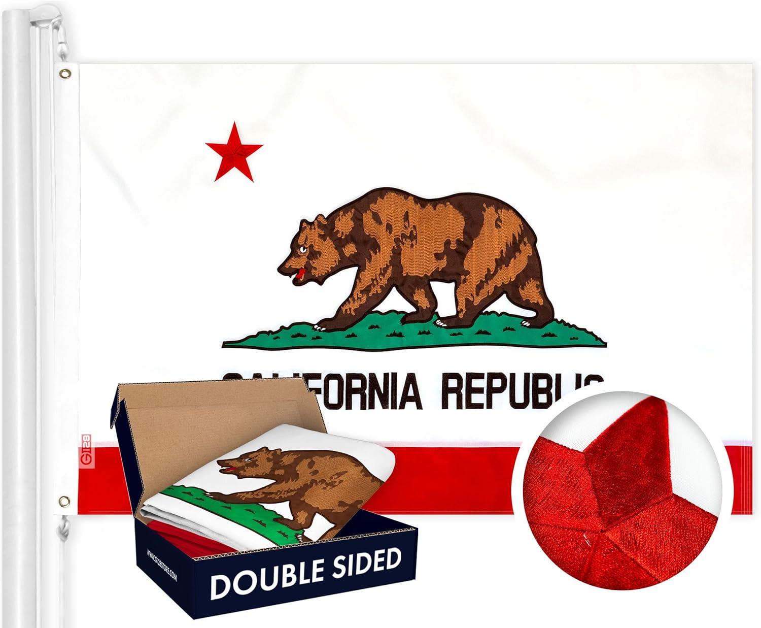 G128 California State Flag | 3x5 Ft | Double ToughWeave Series Double Sided Embroidered 210D Polyester | Embroidered Design, Indoor/Outdoor, Brass Grommets, Heavy Duty, 3-ply