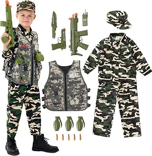 Army Uniform Cosplay Costume Soldier Outfits with Clothes, Tatical Vest and other Toys Acessories for Kids