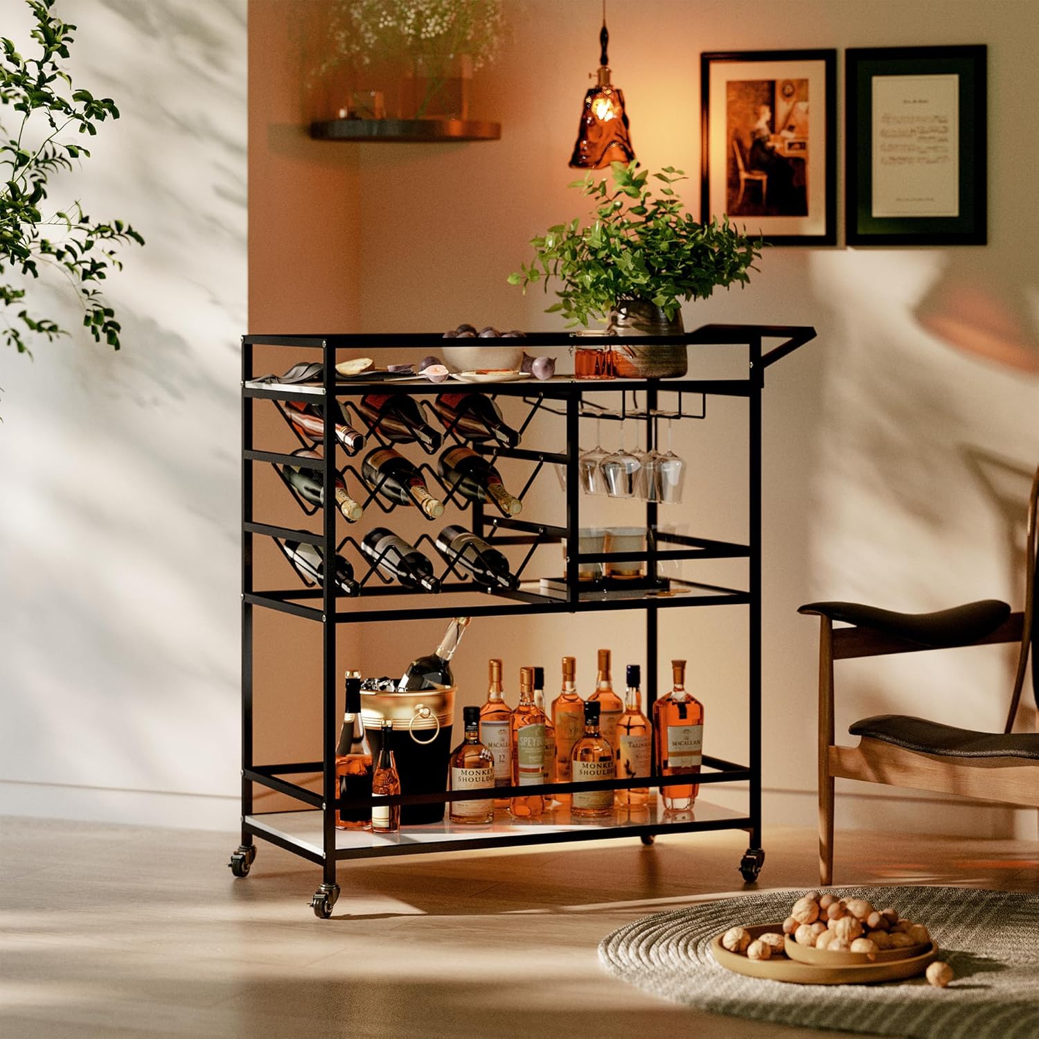 DAWNYIELD Bar Cart with Wheels Mobile Serving Cart with Wine Rack and Glass Holder,3-Tier Drink Rolling Coffee Wine Cart with Large Storage Space for Kitchen,Living Room, Party (Black)