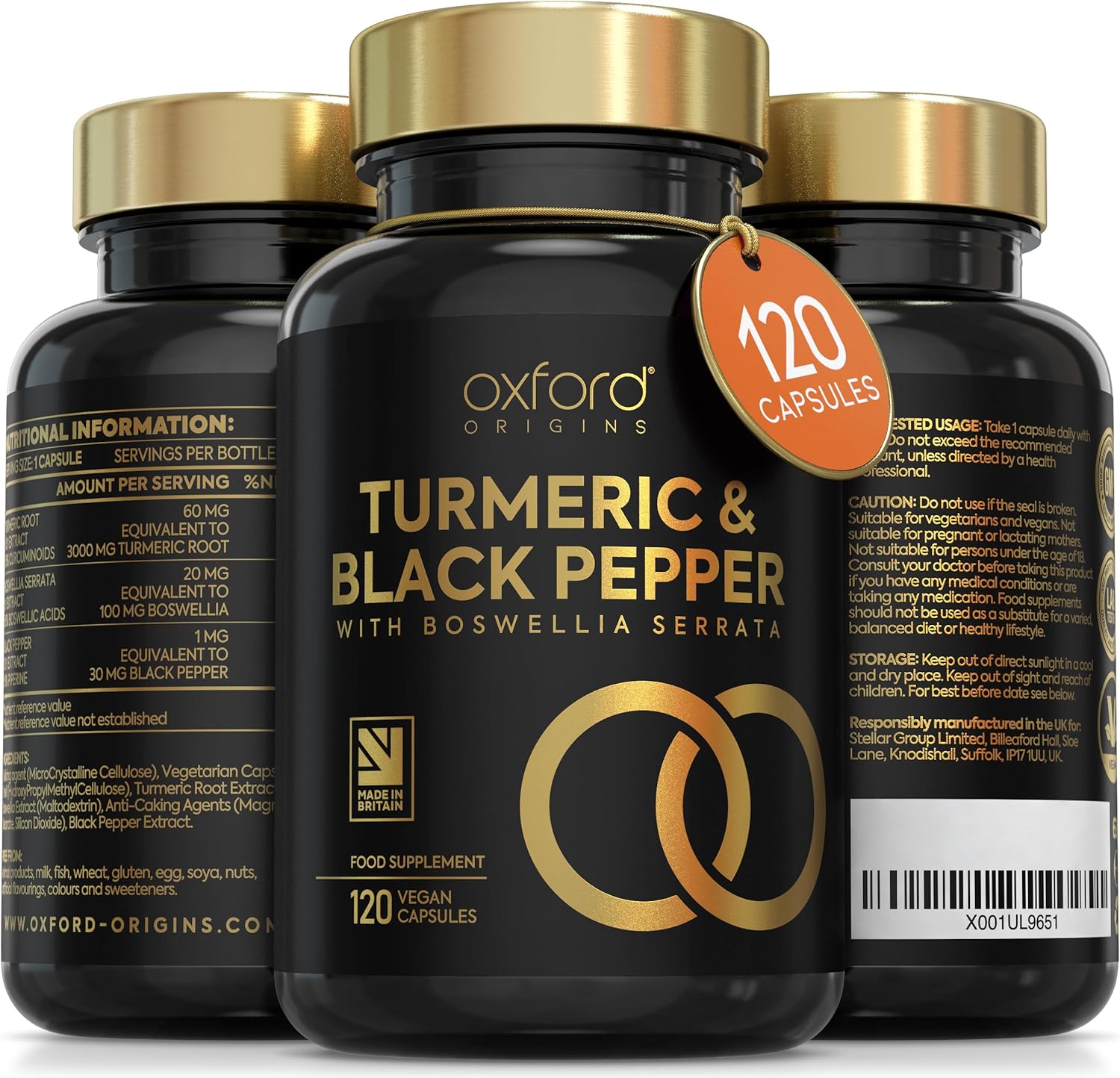 Advanced Turmeric Capsules High Strength 3000mg, Boswellia & Black Pepper | ONE per Day | Turmeric and Black Pepper Capsules Locally Made in UK, Tumeric Joint Care Supplements, 120 Caps