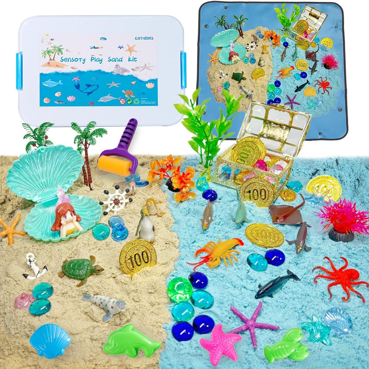 Ocean Mermaid Sensory Bin - Kids Underwater Play Sand Kit With 2.2lbs Magic Sand, Sea Animals Figures, Sandbox Toys for Toddlers 1-3-5-7