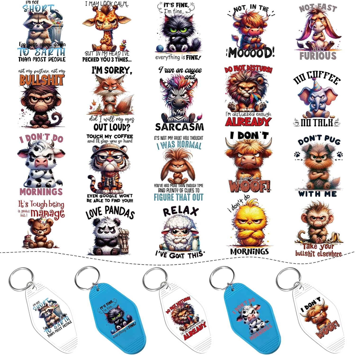 Keychain UV DTF Wraps Stickers - 8 Sheets Funny Animal Motel Keychains Uvdtf Stickers Decals, Cute Black Cat Cow Panda Blank Keychain UV DTF Transfer Stickers Craft Decor Fun Gifts for Coworkers