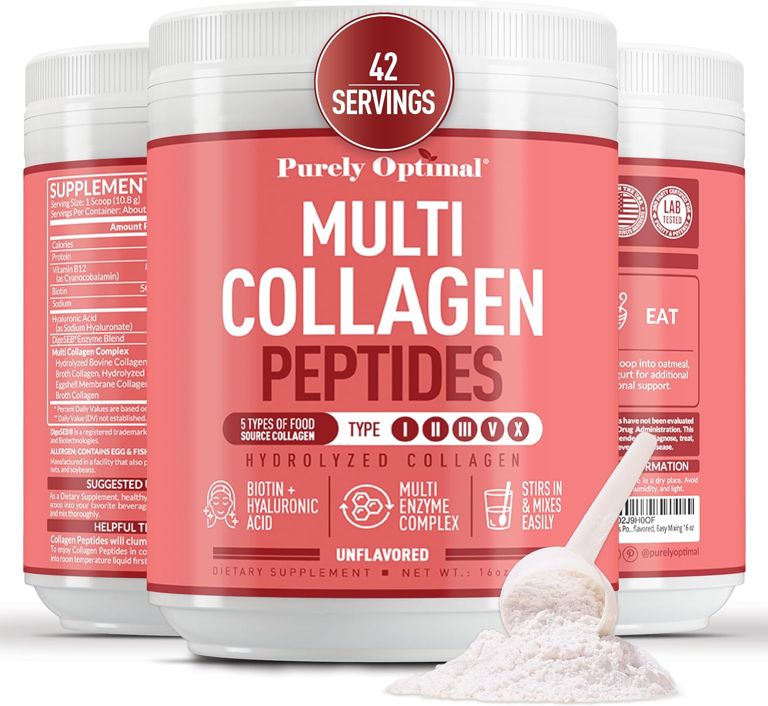 Purely Optimal Collagen Peptides Powder - 5 Types Hydrolyzed Collagen Peptides with Biotin, B12, & Hyaluronic Acid for Hair, Skin, Nails, Bones & Joints - Unflavored, Easy Mixing, 16oz, 42 Servings