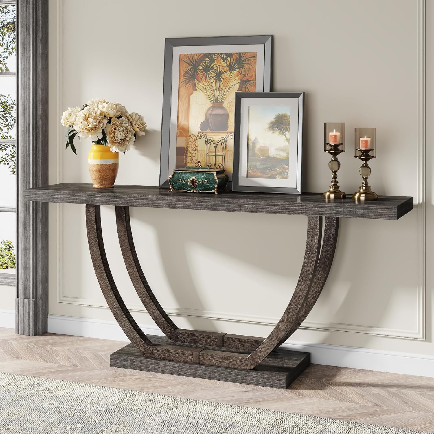 Tribesigns 63-Inch Wood Console Table with Geometric Metal Base, 2-Tier Farmhouse Sofa Table Narrow Long, Thickened Behind Couch Table with Shelves for Living Room Foyer Corridor (Rustic Grey)