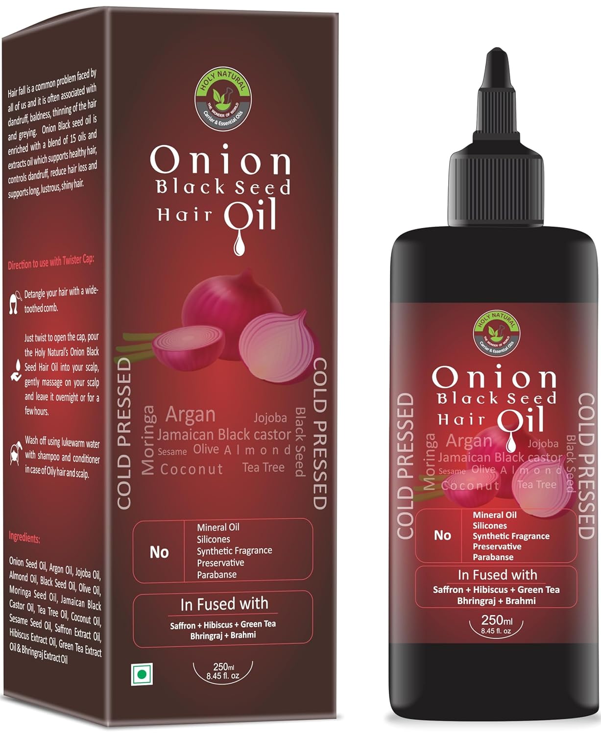 100% Natural Onion Black Seed Hair Oil (8.45 fl oz / 250 ml) I Supports long, lustrous & shiny hair I No mineral