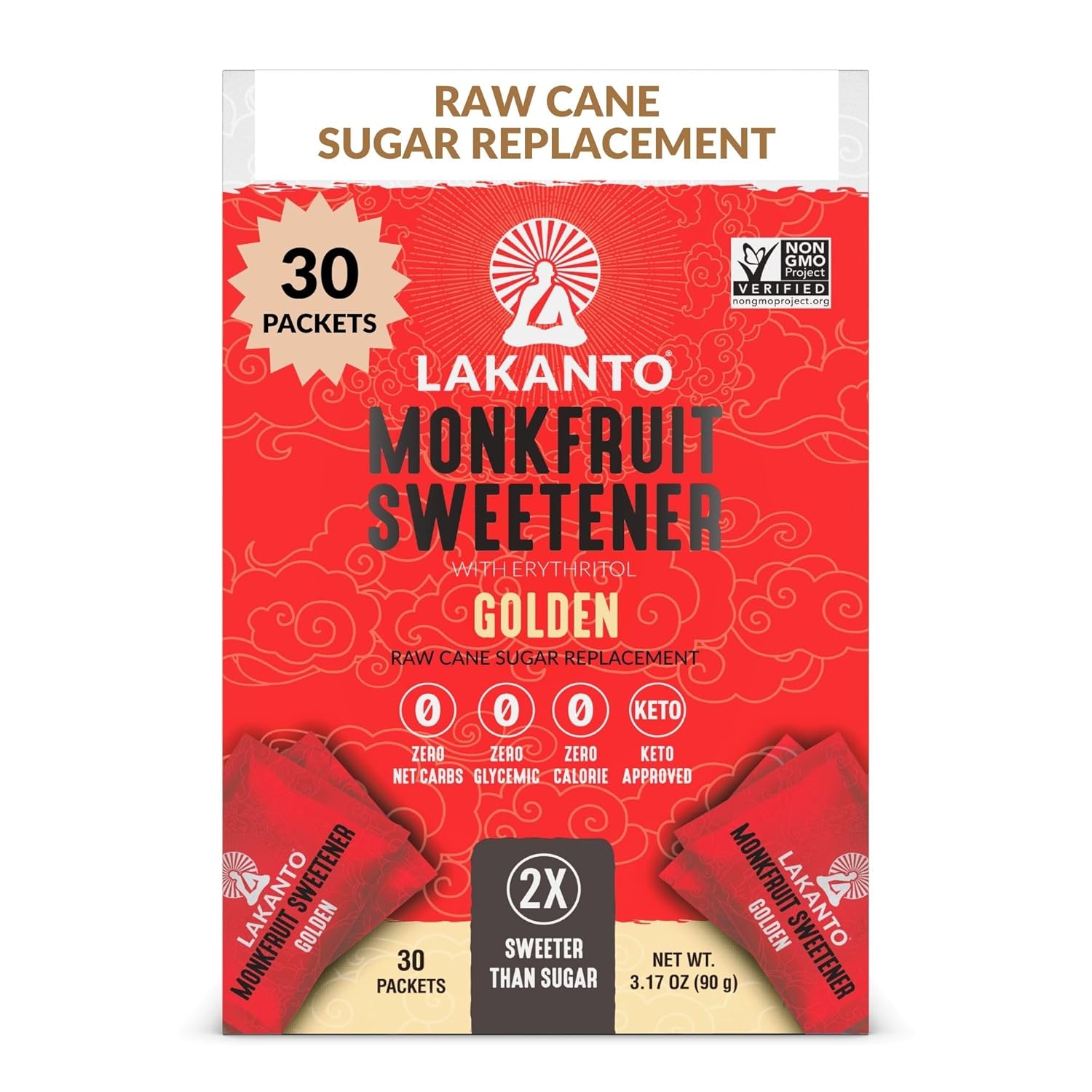 Lakanto Golden Monk Fruit Sweetener with Erythritol Sweetener Packets - Raw Cane Sugar Replacement, Zero Calories, Sweeten on the Go, Coffee, Lemonade, Tea, Desserts - Golden (3g - 30 Count)