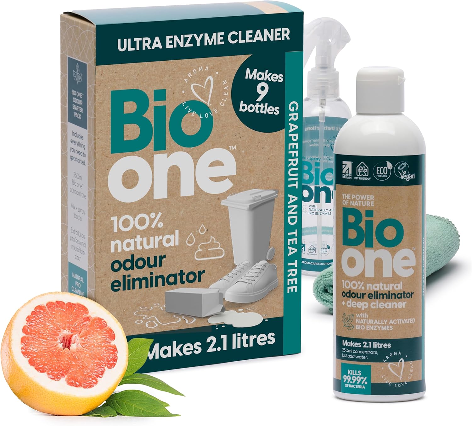 Enzyme Cleaner Odour Eliminator Concentrate - Makes 9x 250ml Bio One Bottles, Natural Enzymatic Surface Cleaning Spray for Carpets, Car Upholstery, Trainers, Pets - Powerful Odour & Urine Neutraliser