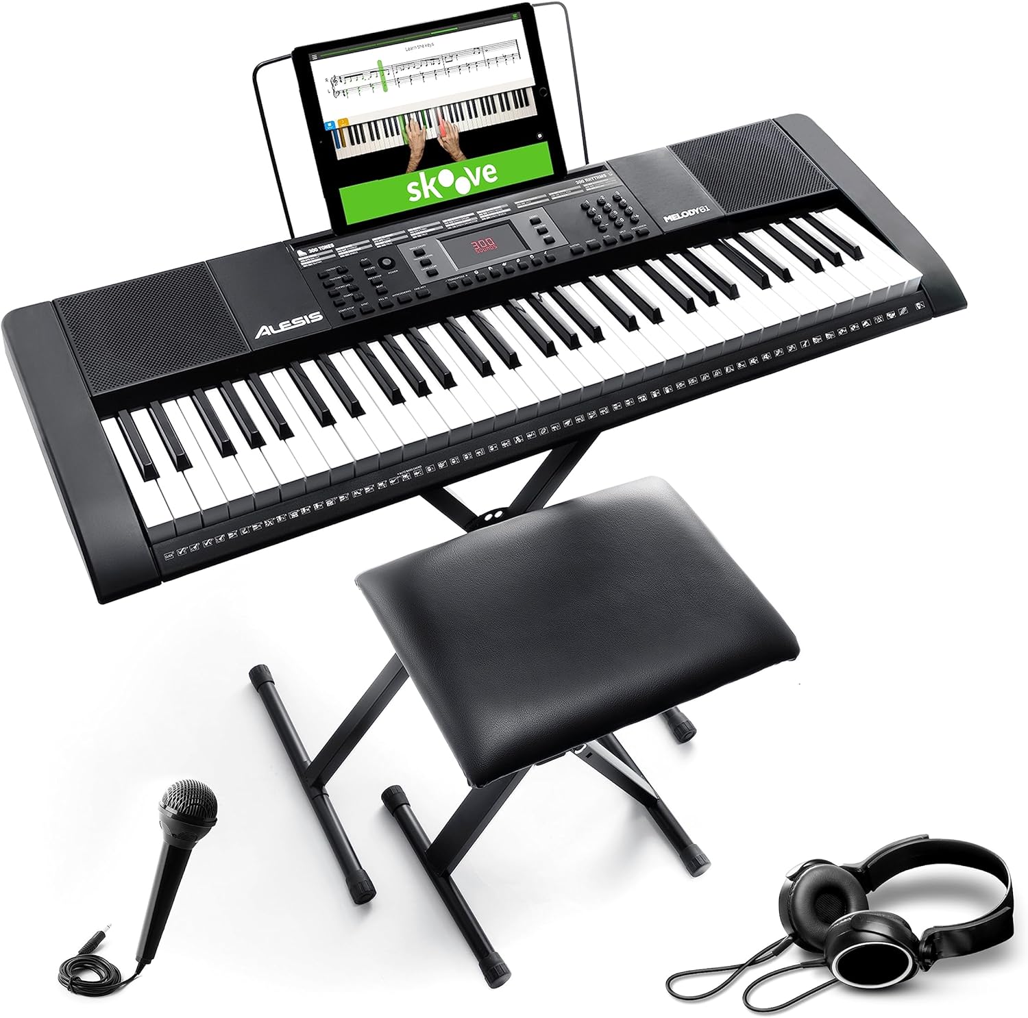 Alesis Melody 61 MKII Key Keyboard Piano for Beginners with Speakers, Stand, Bench, Headphones, Microphone, Sheet Music Stand, 300 Sounds and Music Lessons