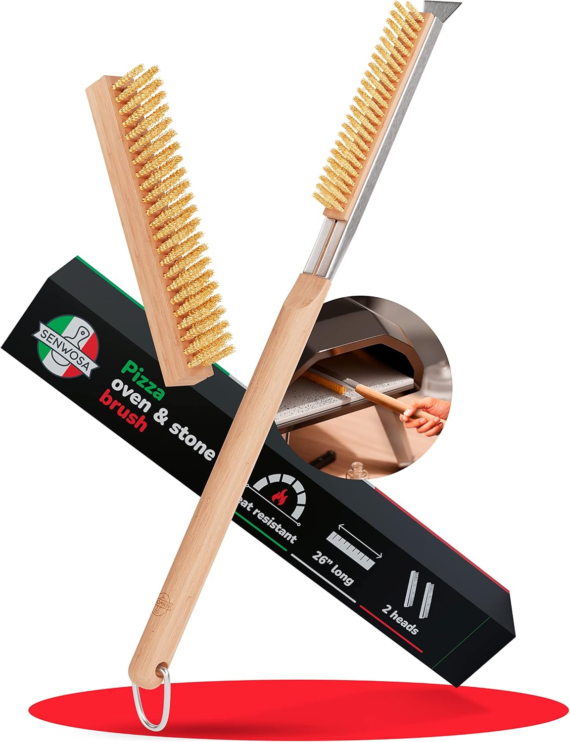 26” Pizza Oven Brush with Stone Scraper - Heat Resistant Stainless Steel Bristles, Extra Long Handle - Compatible with Ooni Ovens - Includes Spare Head