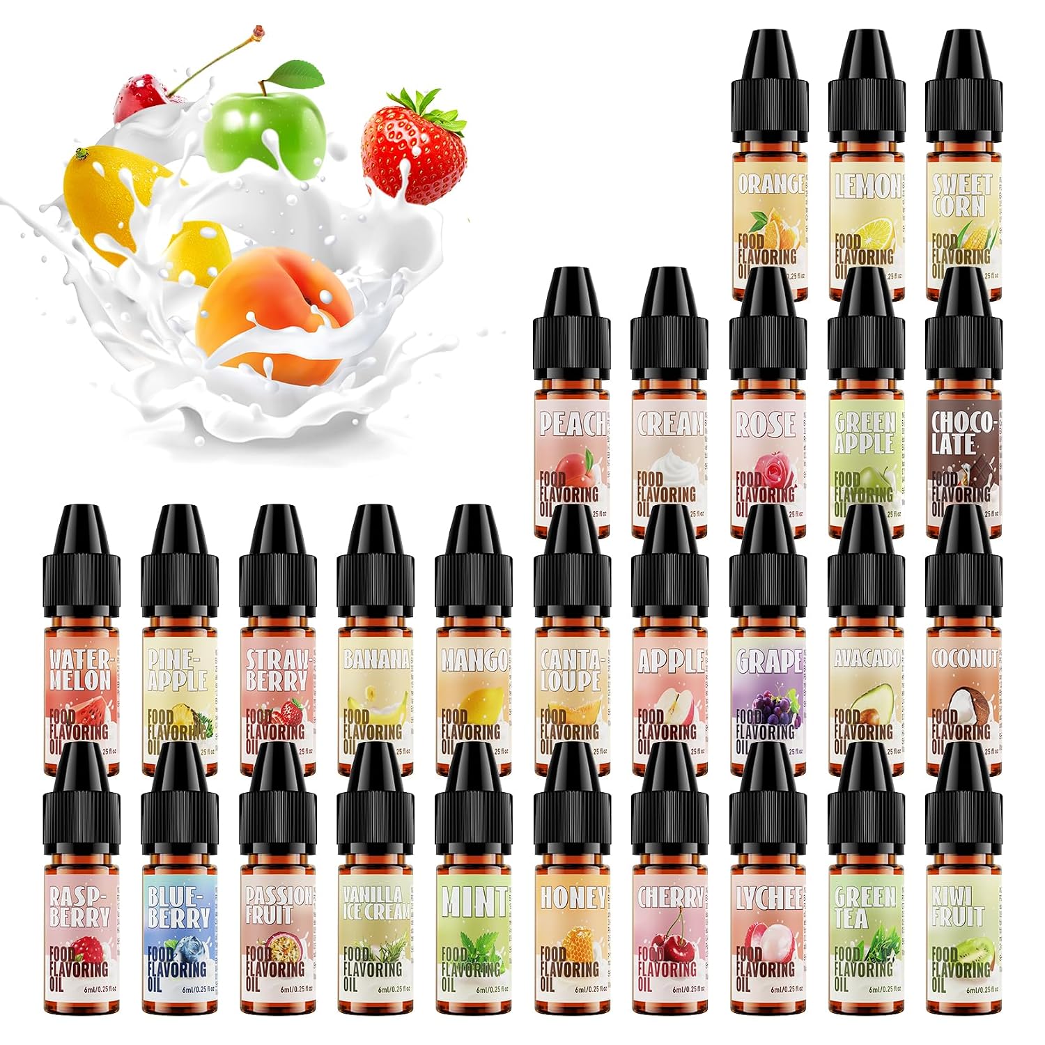 Food Flavoring Oil, 28 Flavors Candy Flavoring, Concentrated Flavor Extracts for Baking, Drinks, Cooking, Lip Gloss, Include Vanilla Extract - Water & Oil Soluble, No Sweetener, 0.25 Fl Oz/Bottle