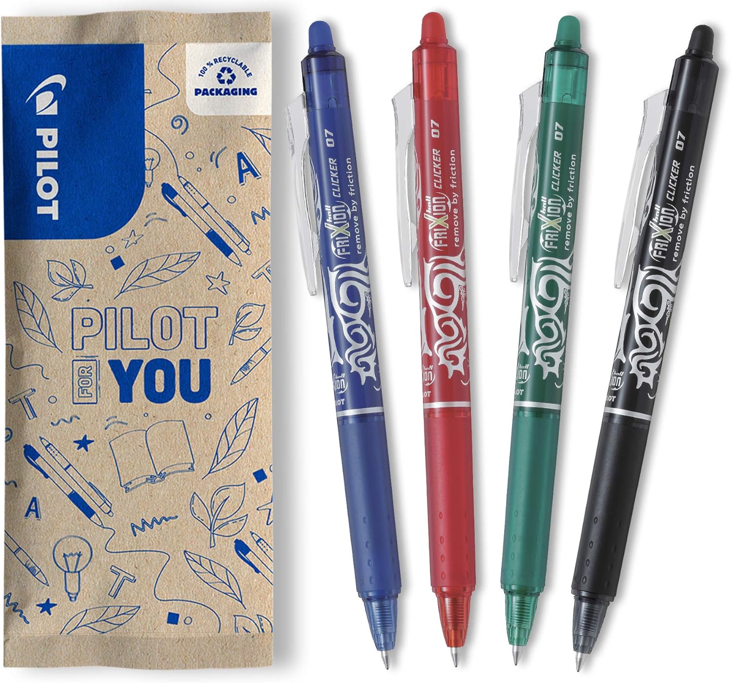 PILOT - Pack of 4 Frixion Ball Clicker 0,7 - Erasable Pen - Medium - Black, Blue, Red, Green