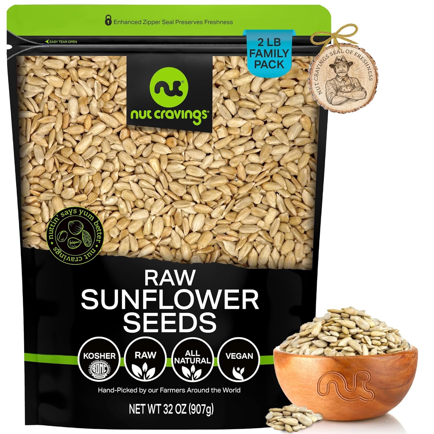 NUT CRAVINGS - Raw Sunflower Seeds Kernels to eat, Unsalted, Shelled Hulled, (32oz - 2 LB) Bulk Nuts Packed Fresh in Resealable Bag - Kosher Healthy Snack, Natural Keto - Ideal for Trail Mixed Nuts