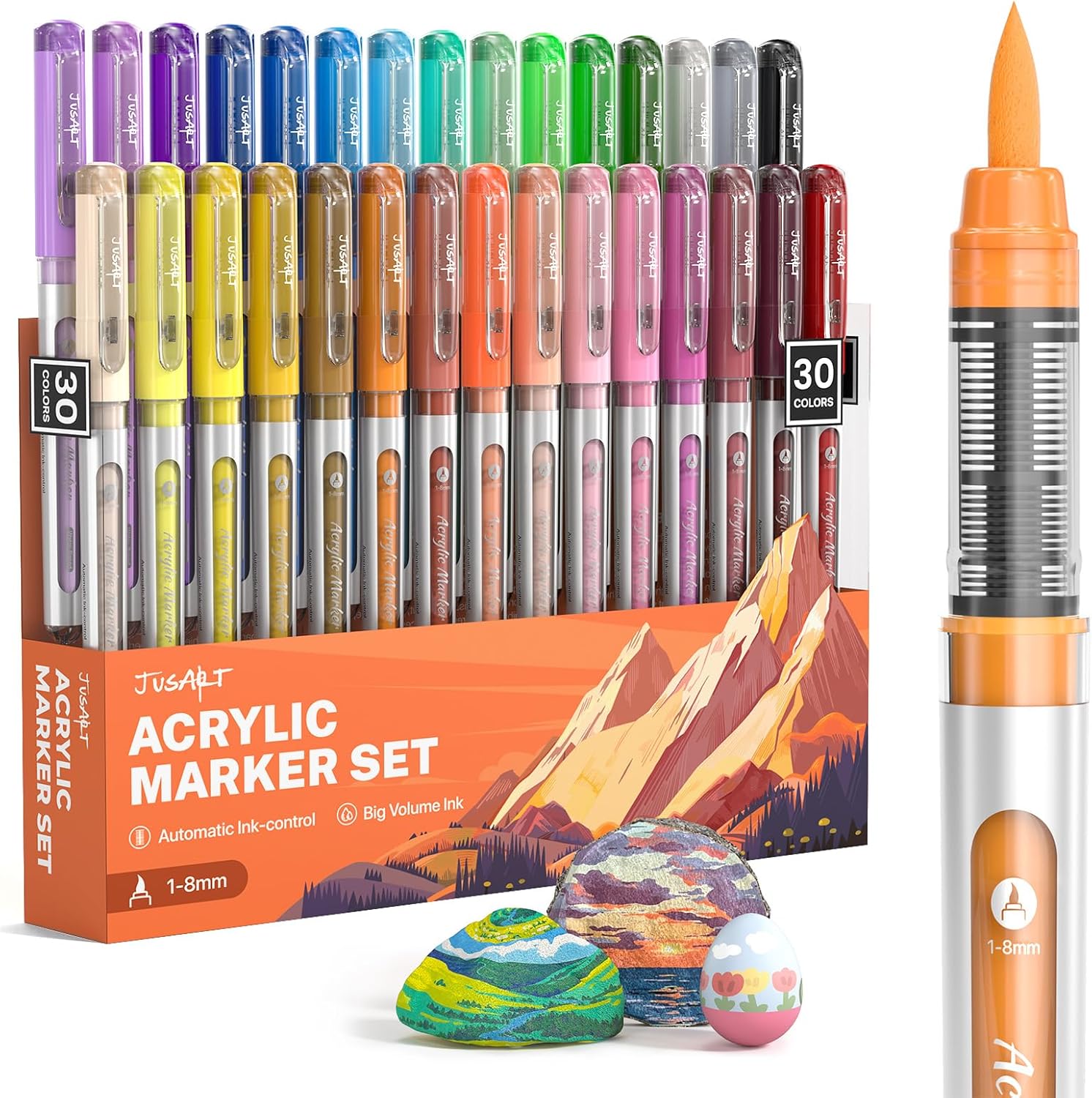 JusArt Acrylic Paint Markers Brush Tip 30 Colors, Water-Based No-Bleed Markers with Automatic Ink Control, Waterproof Acrylic Paint Pens for DIY Art & Crafts -Eggs, Fabric, Rock, Glass, Ceramic, Metal