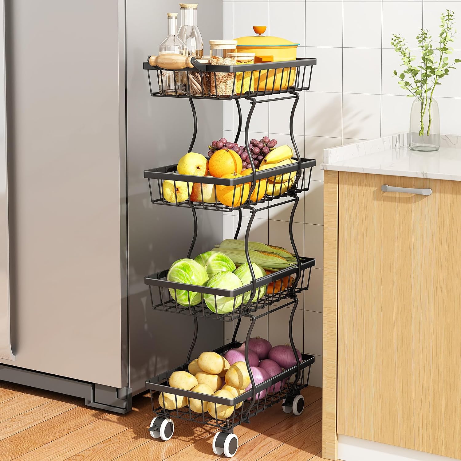 Fruit Basket Kitchen Pantry Organizers and Storage - 4 Tier Stackable Metal Wire Basket Stand for Fruit Vegetable Snacks Jars Bins Containers Organization, Black
